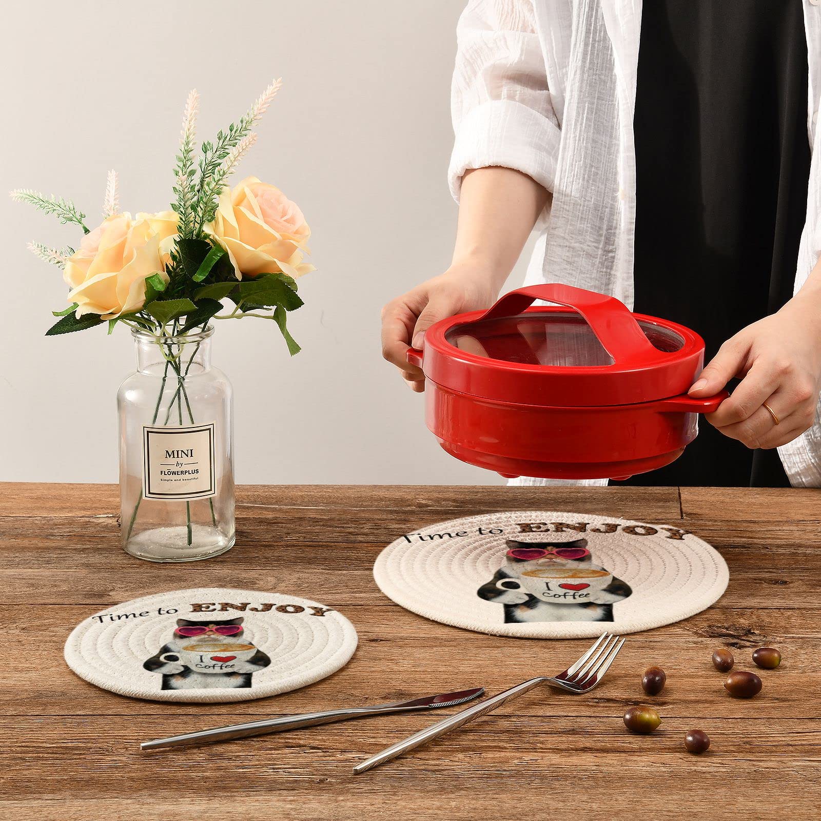 Funny Cat Coffee Quote Pot Holders & Trivets Set of 2 - Heat Resistant Kitten Cotton Weave Trivet Mats for Hot Pans, Bowls & Teapots - Perfect for Kitchen Decor & Coffee Lovers' Gift