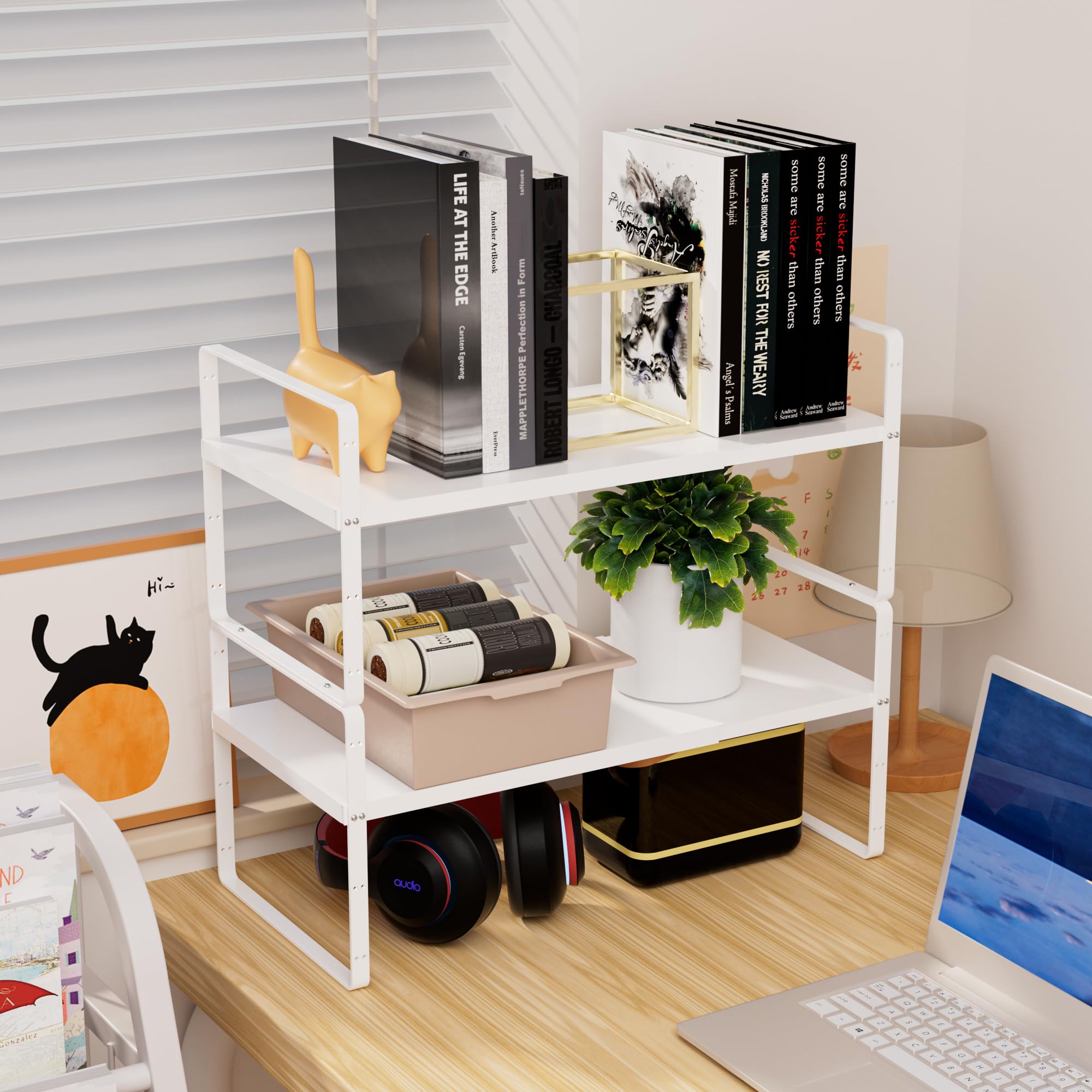 Expandable Stackable Adjustable Kitchen Cabinet Organizer - Counter Shelf Storage Riser for Pantry, Countertop & Cupboard (White, 8.07