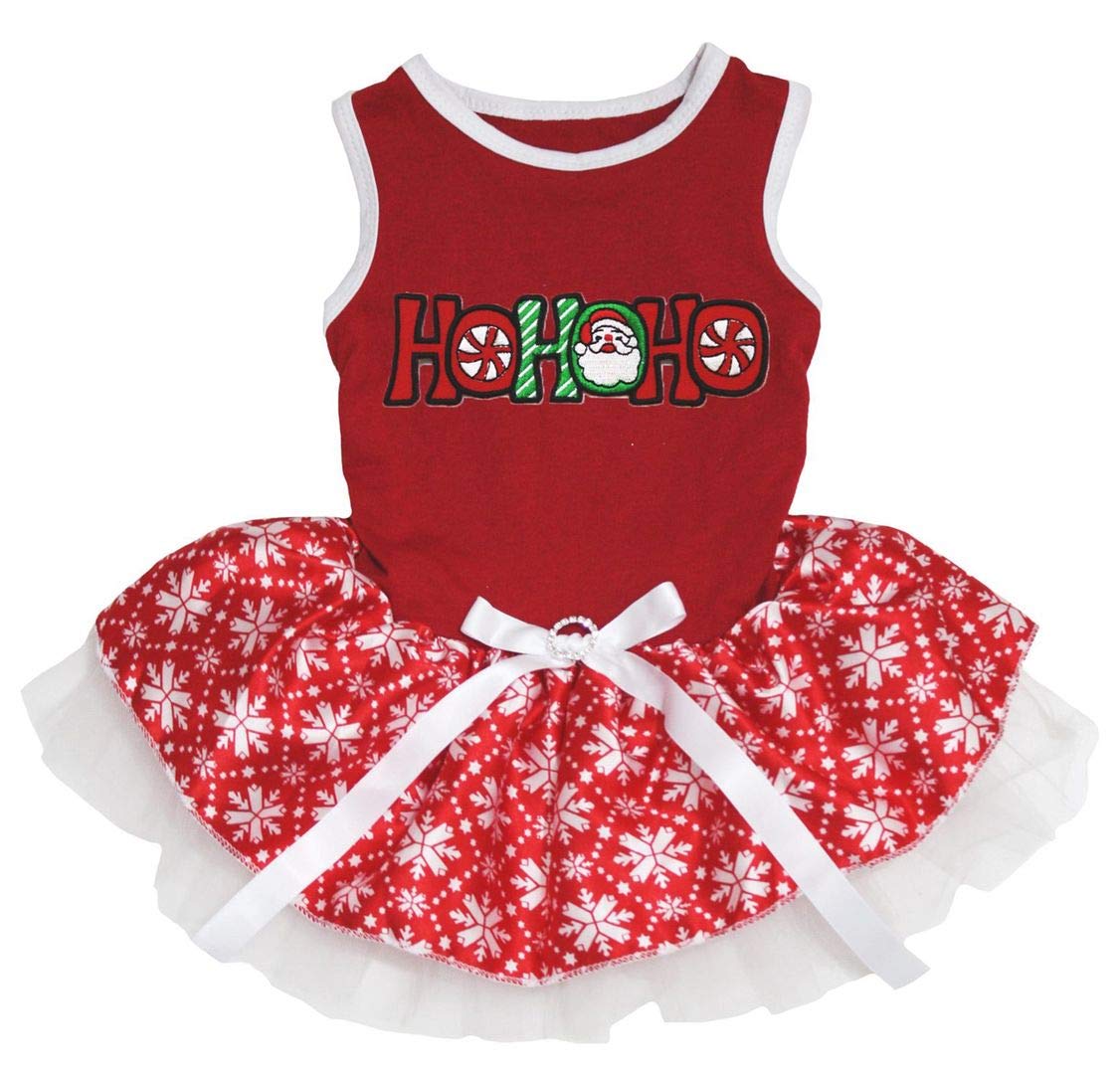 Petitebella Santa Hohoho Puppy Dog Christmas Dress - Red with Snowflakes Pattern, Small Size | Festive Holiday Pet Costume for Xmas Parties & Photo Shoots