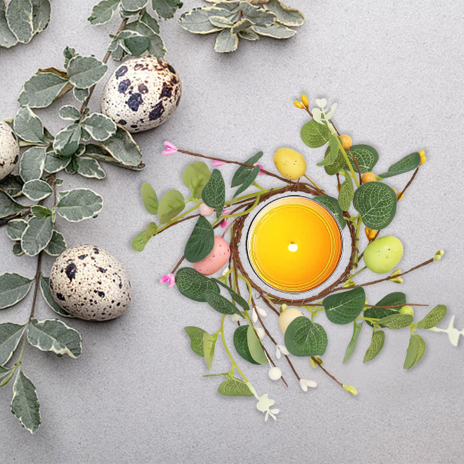 BEIJIALY 4-Pack Easter Candle Rings - Farmhouse Style Artificial Wreaths with Easter Eggs & Pip Berries for Table Decor - Green (Perfect for Easter Holiday Centerpieces, Spring Home Decor & Farmhouse Themed Parties)