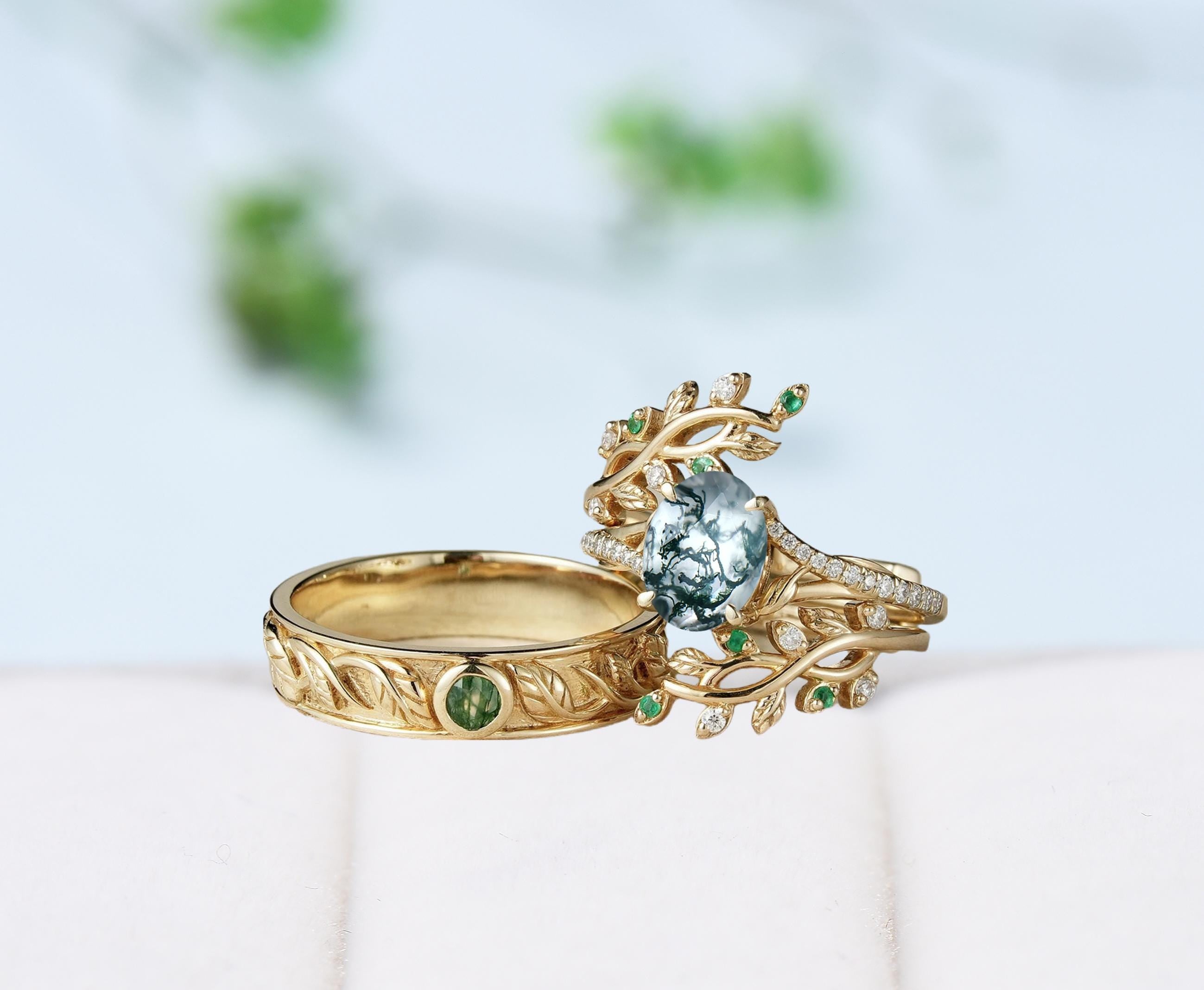 Nature-Inspired Moss Agate Couples Ring Set - Unique Leaf Vine Green Agate Wedding Band for Men & Women - His & Hers Engagement Ring Gift - Perfect for Anniversaries, Proposals & Romantic Occasions