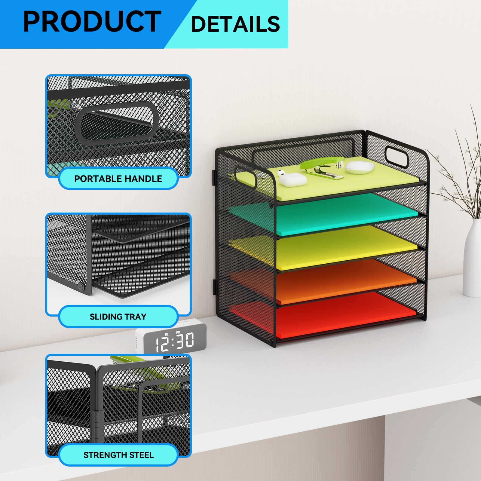 5-Tier Metal Mesh Letter Tray Organizer with Handle - Desktop File Sorter for Letter/A4 Paper Storage - Office Desk Organizer for Documents, Mail & Office Supplies (Black) - Perfect for Home Office, School & Workspace Organization
