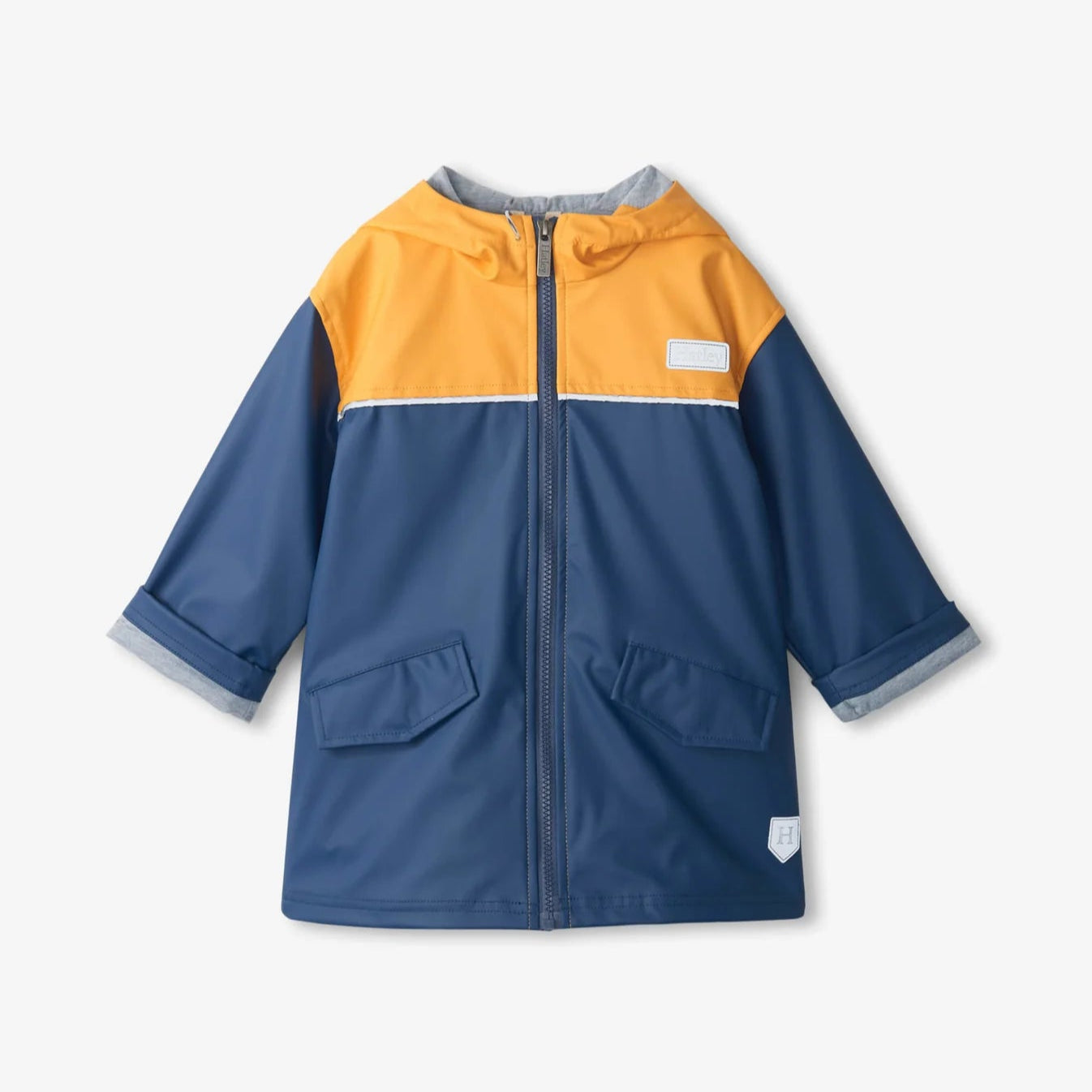 Hatley Yellow/Navy Zip Up Mariner Rain Jacket for Kids - Waterproof Windbreaker with Hood for Outdoor Play & School - Perfect for Rainy Days & Spring Weather