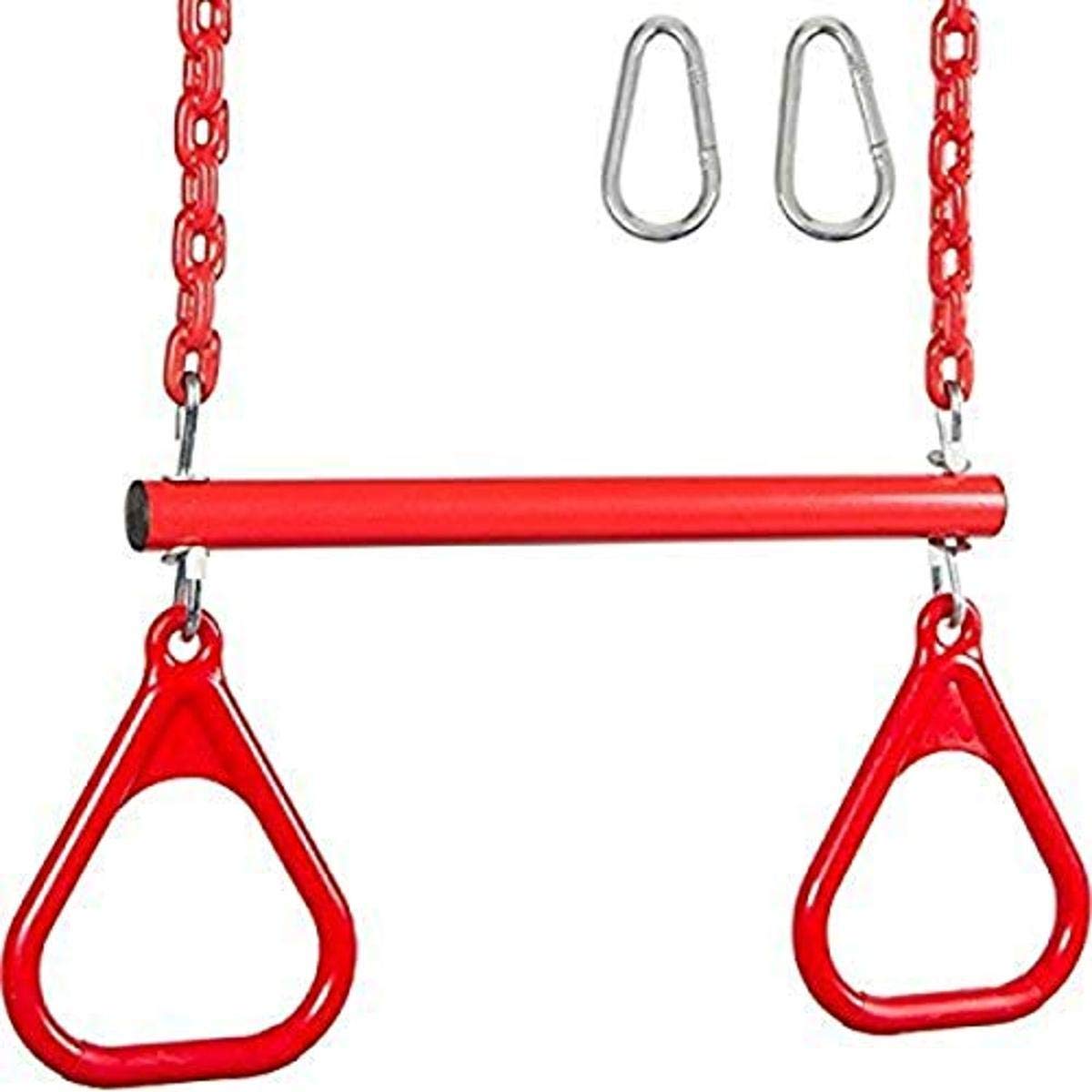 Kids Outdoor Swing Set - Trapeze Bar with Rings & Coated Chain for Backyard Playground (Red) | Includes SSS Logo Sticker | Perfect for Backyard Fun, Playground Equipment & Outdoor Activities