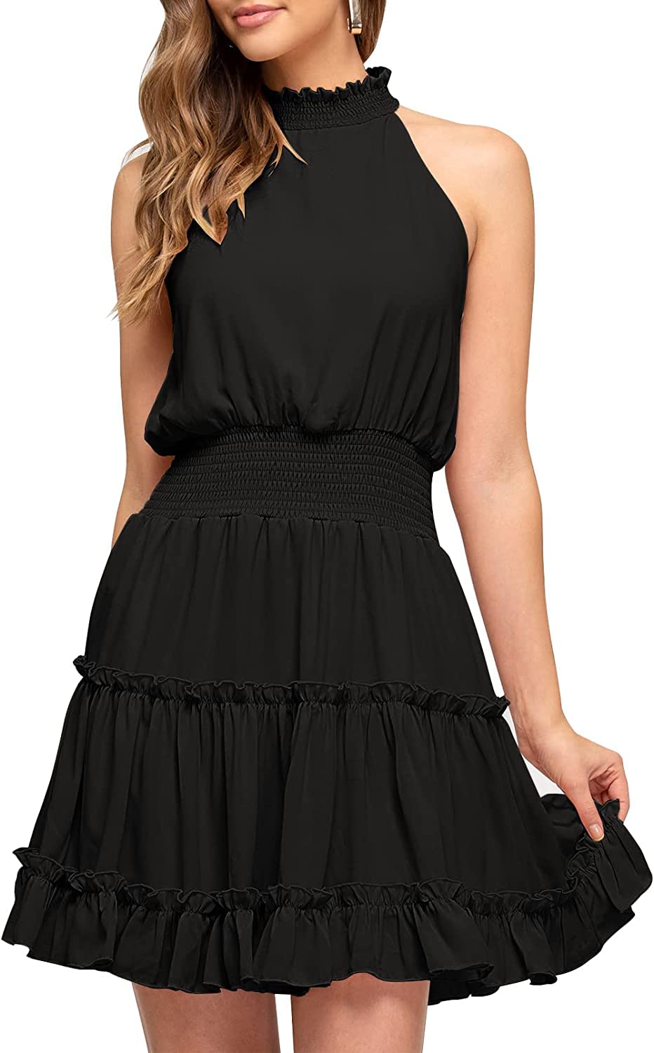 Women's Summer Casual Halter Neck A-Line Dress - Sleeveless Smocked Waist Ruffle Mini Dress for Beach, Party & Vacation Wear