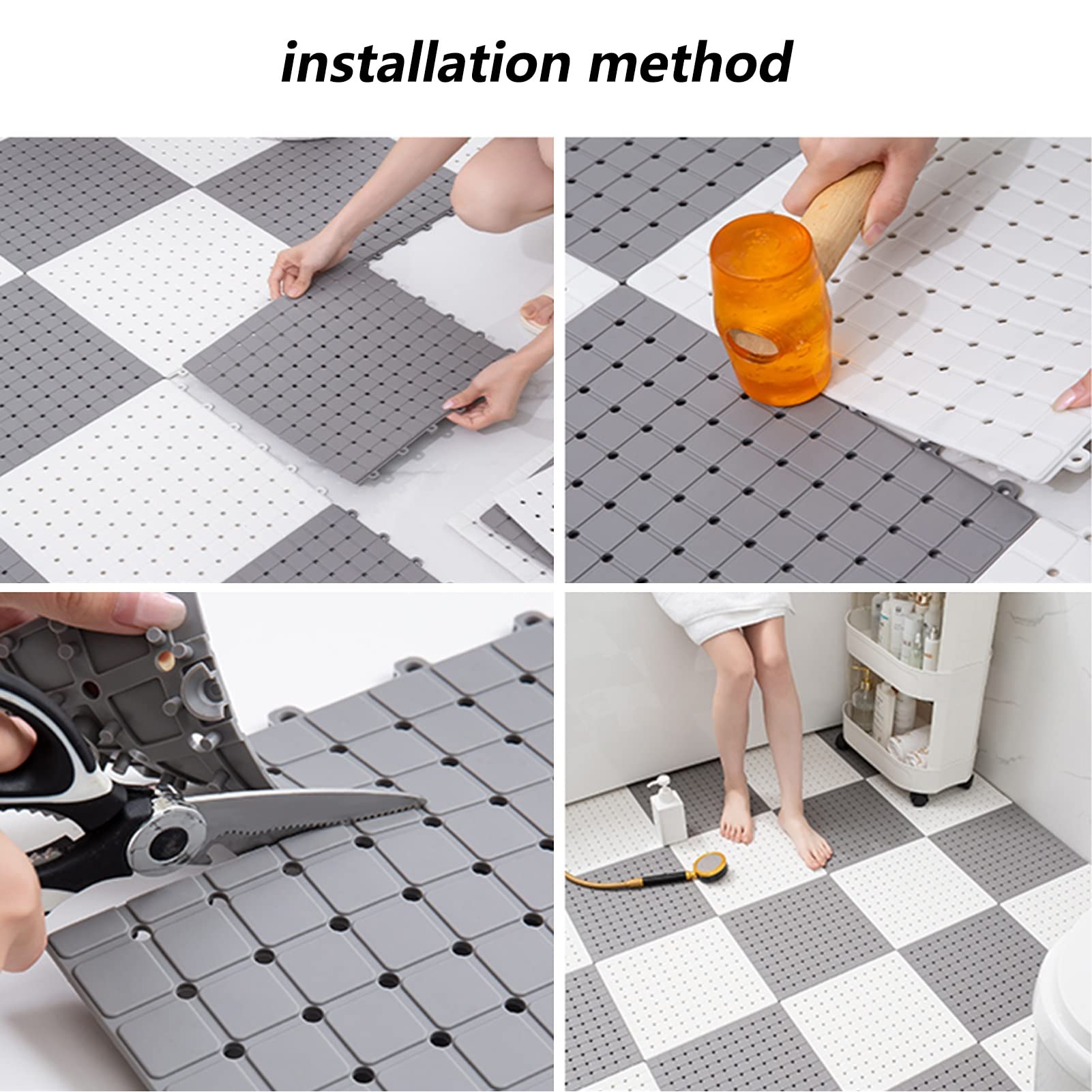 Non-Slip Rubber Bath Mat 30x30cm - Interlocking Waterproof Floor Tiles with Drainage Holes & Suction Cups - Anti-Skid Shower Mat for Bathroom, Kitchen, Gym - Easy to Clean & Durable (Black, 32-Piece Set) - Perfect for Wet Areas, Saunas & Poolside Safety