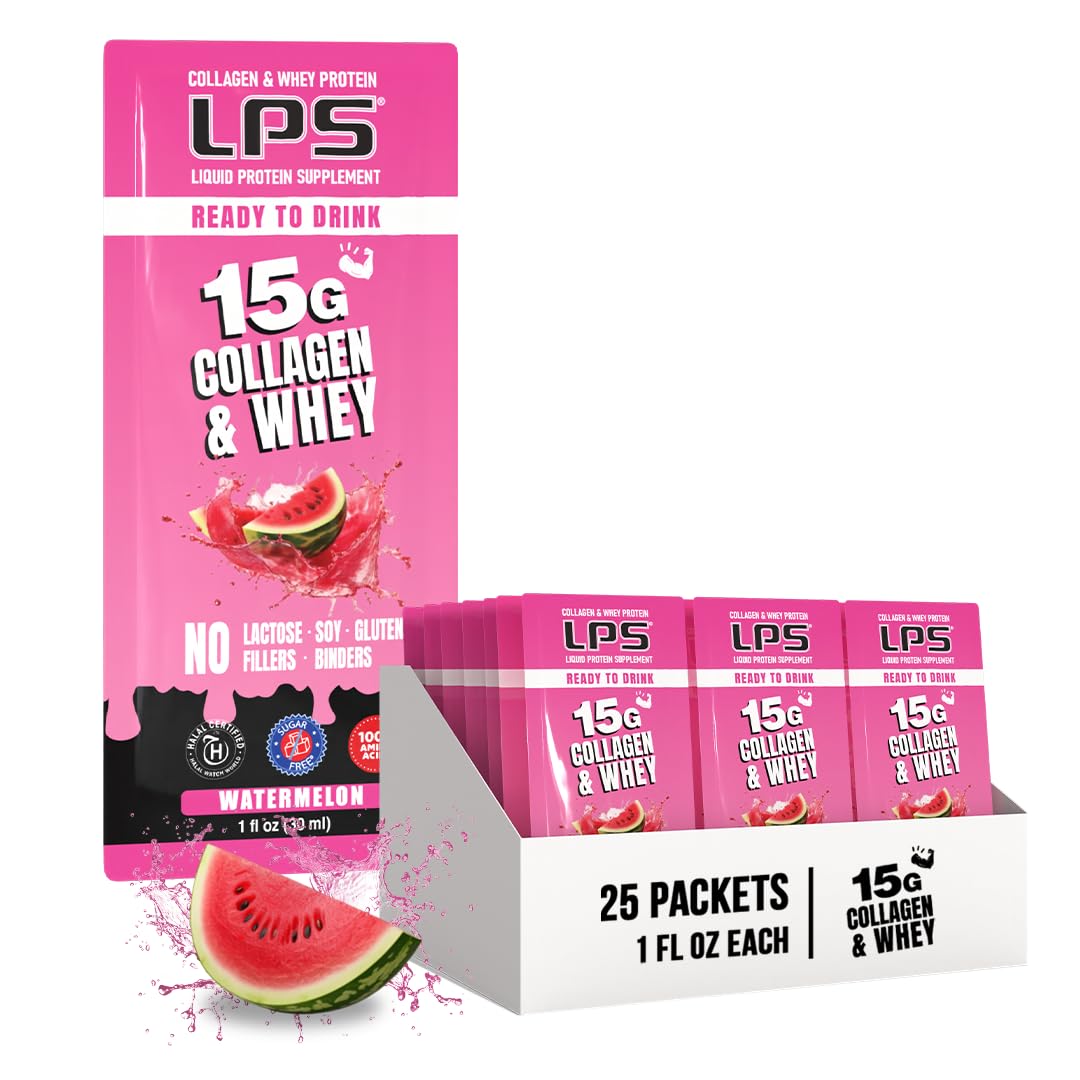 Nutritional Designs LPS Liquid Collagen & Whey Protein Supplement - Non-GMO, Sugar-Free Drink for Healthy Skin & Hair - Watermelon Flavor (25 Single-Serve Packets) | Perfect for Post-Workout Recovery & Daily Beauty Boost