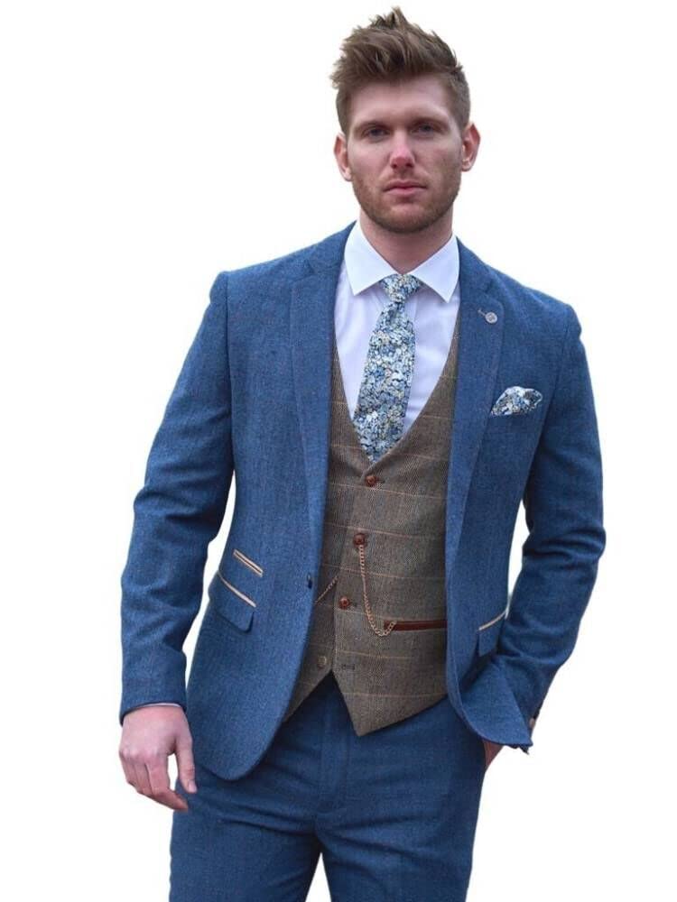 Vintage Blue Tweed Herringbone Wool 3-Piece Men's Tuxedo Suit Set - Jacket, Vest & Pants for Weddings, Prom & Formal Events