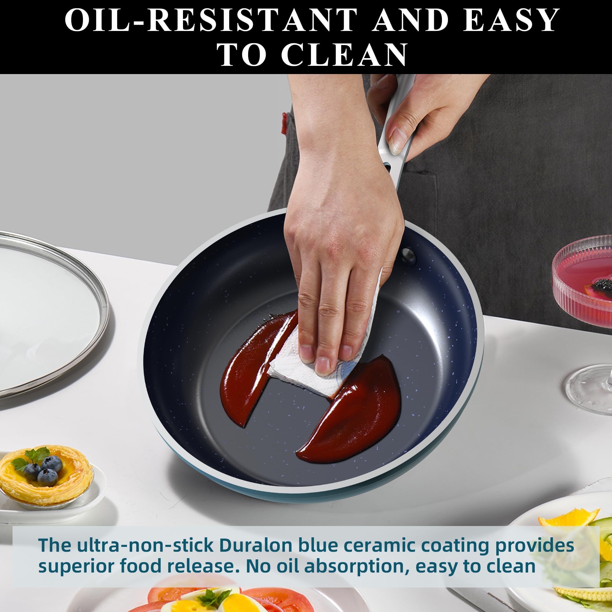 Nuwave 9-Piece Nonstick Cookware Set - Blue Ceramic Coated, Diamond Infused, Scratch Resistant & PFAS Free - Oven & Induction Safe with Tempered Glass Lids & Stay-Cool Handles - Perfect for Healthy Cooking, Frying, Baking & Meal Prep