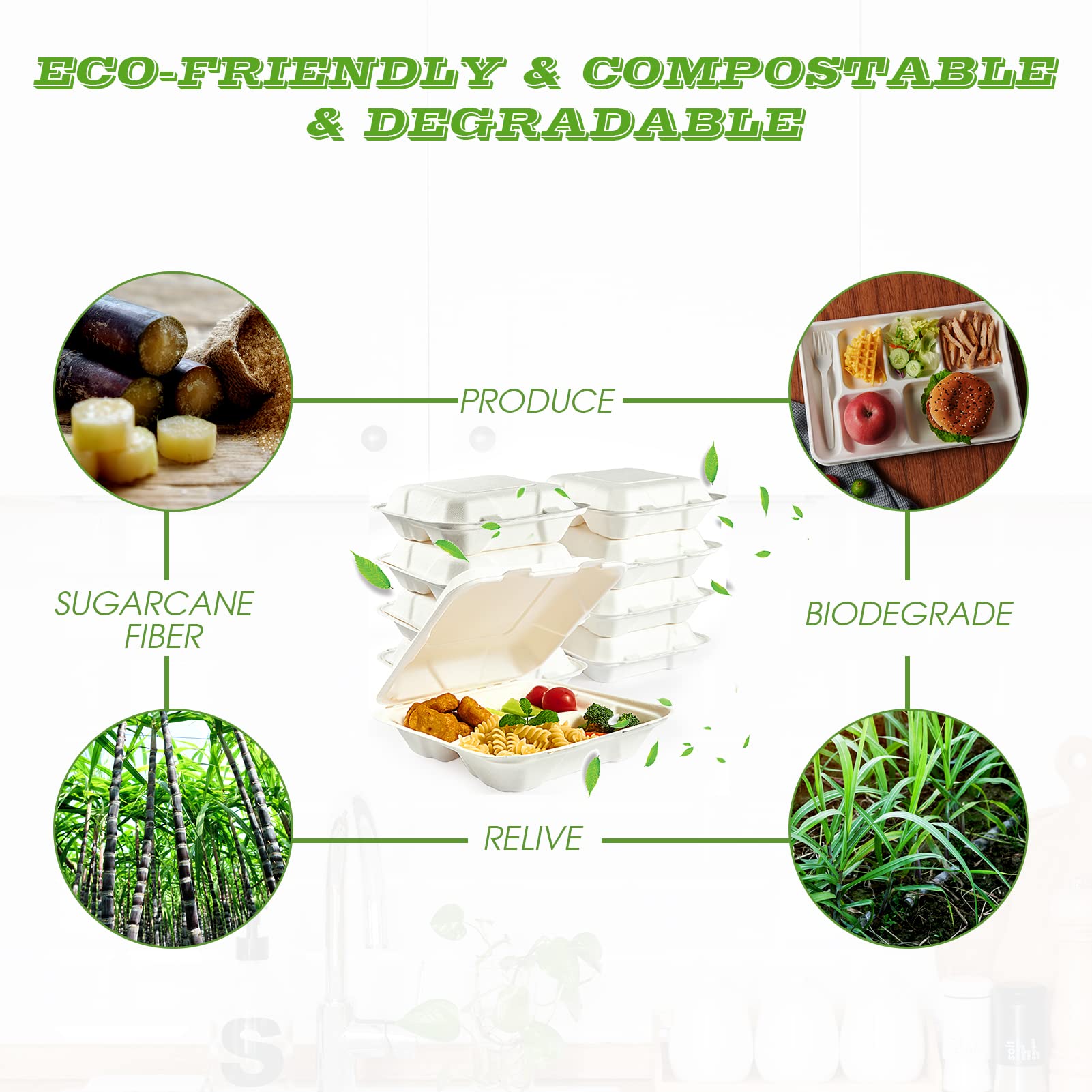 Vplus 300 Pack 100% Compostable 8x8 Inch 3-Compartment Clamshell Takeout Food Containers | Eco-Friendly Disposable Bagasse To-Go Boxes for Restaurant, Catering, Meal Prep & Leftovers | Perfect for Next Day Lunch, Potluck Parties & Picnics