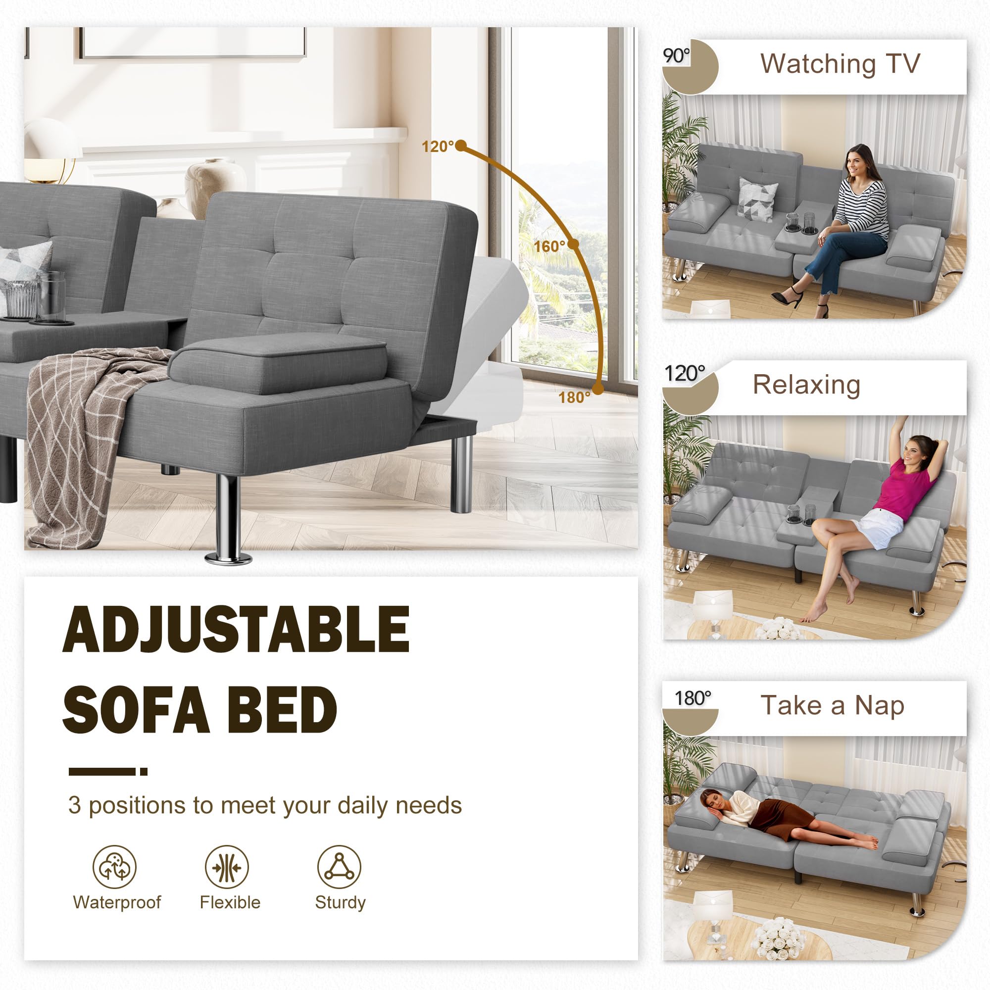 Modern Linen Upholstered Convertible Folding Futon Sofa Bed - Removable Armrests & Metal Legs with 2 Cup Holders - Dark Grey for Living Room, Guest Room & Small Spaces - Perfect for Apartments, Dorms & Home Offices