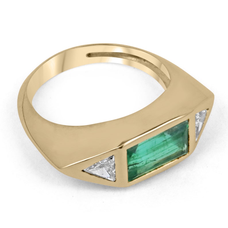 2.35tcw 18K Gold AAA Quality Three Stone Baguette Vivid Emerald & Trillion Cut Diamond Gypsy Ring for Women - Elegant Wedding, Engagement & Anniversary Jewelry Gift