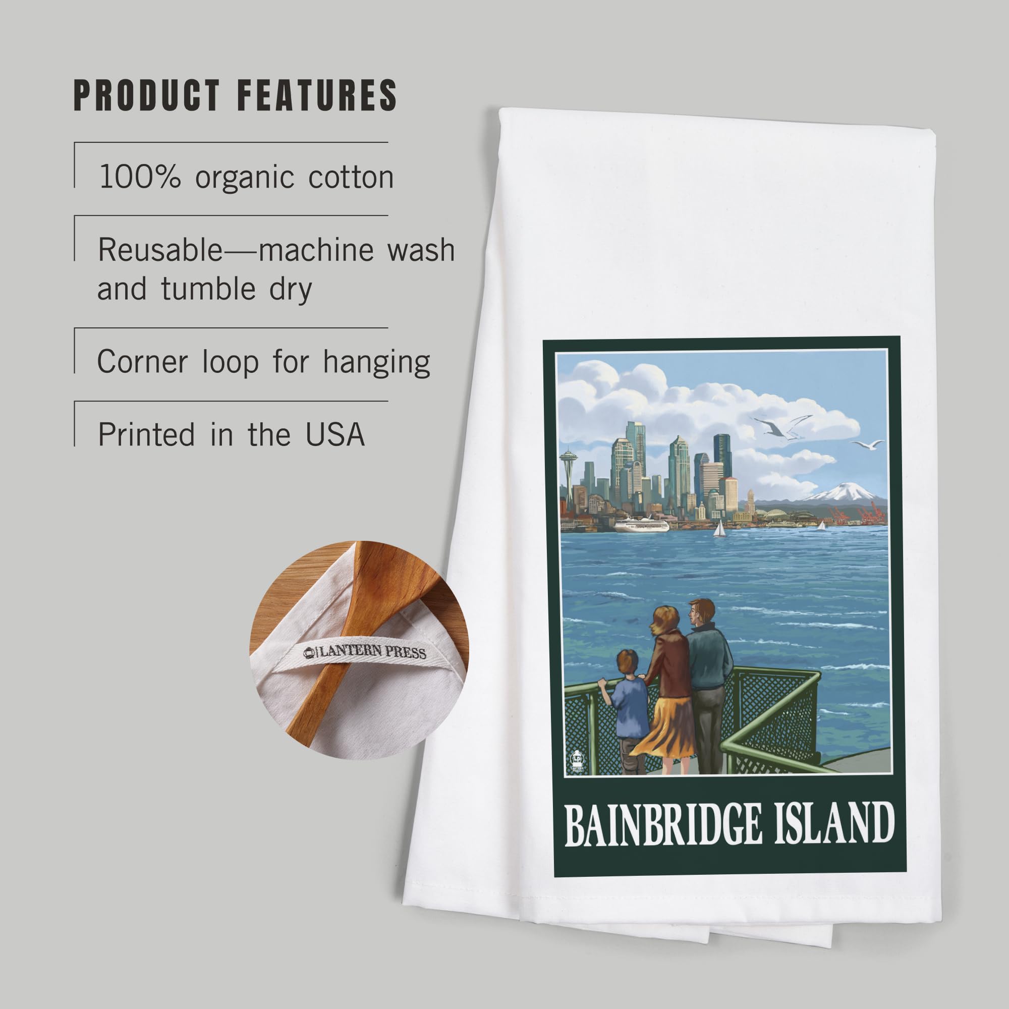 Lantern Press Bainbridge Island Washington Ferry and Seattle 100% Cotton Tea Towel - Decorative Kitchen Hand Towel for Dish Drying, Home Decor & Gift
