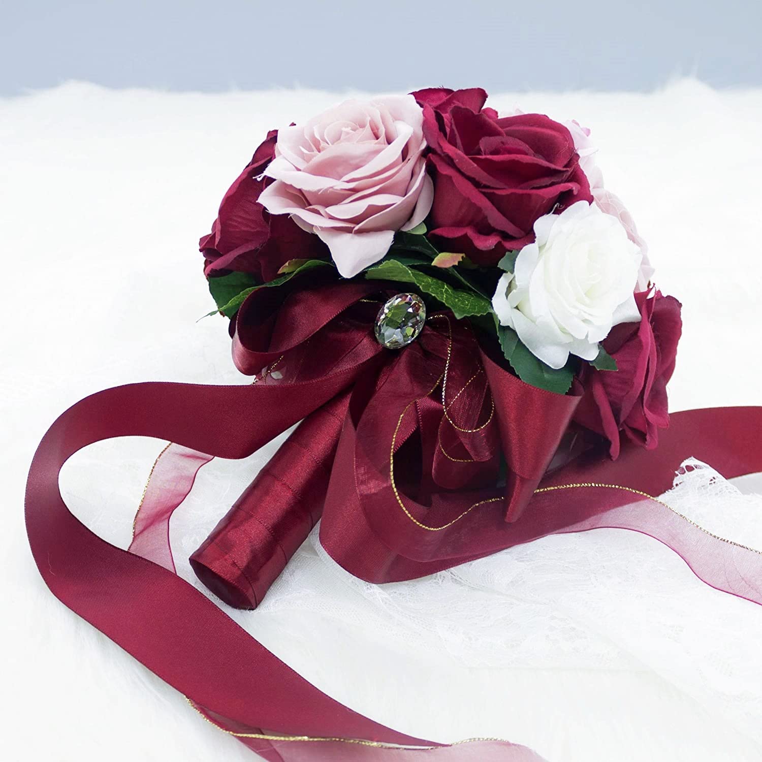 9-Inch Real Touch Burgundy & Dusty Rose Bouquet with Blush Pink White Roses - Premium Artificial Wedding Flowers for Bridal Bouquets, Centerpieces & Home Decor