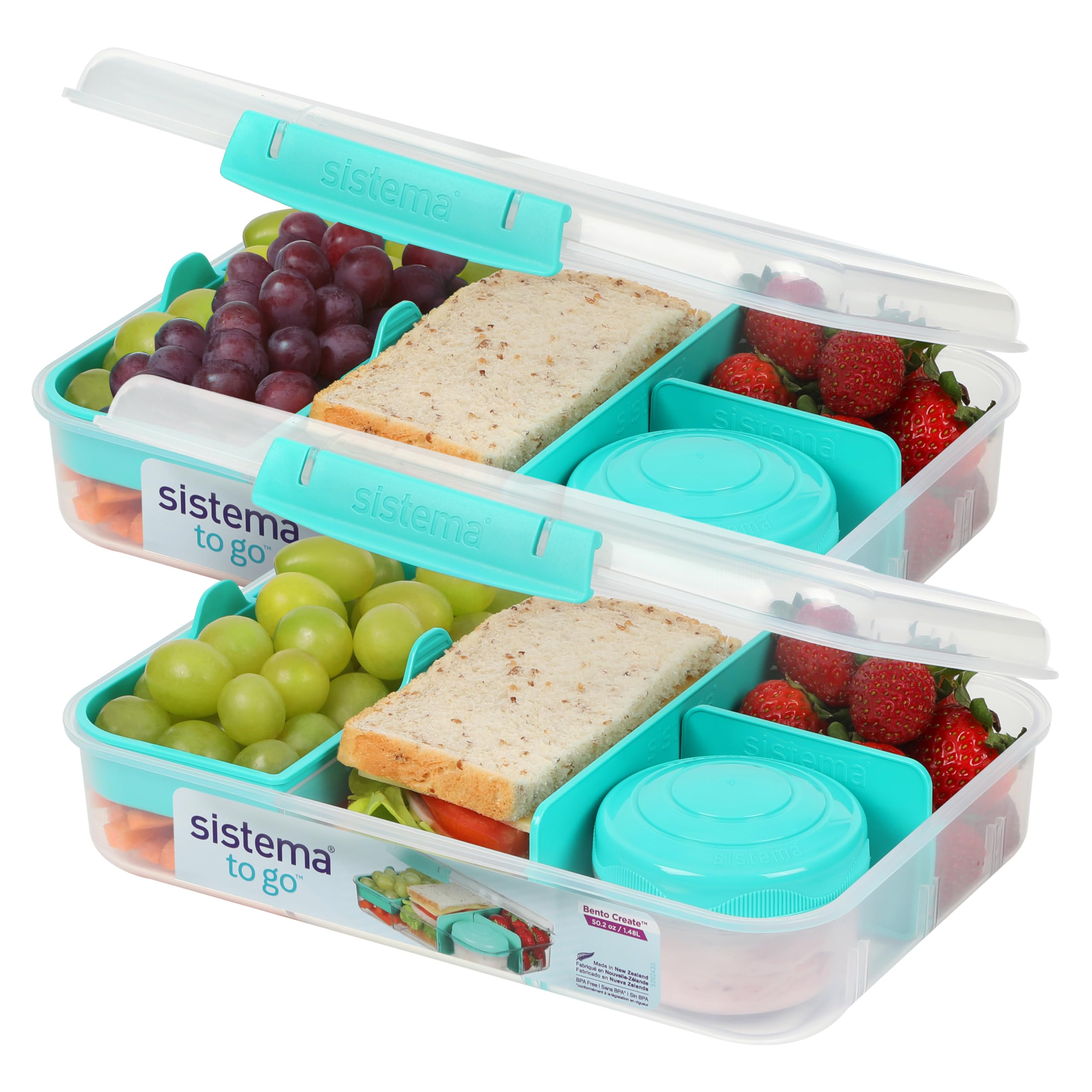 Sistema Bento Create To Go 6-Cup Food Storage Container Bento Box with Lid and Dividers, 2 Pack, Minty Teal - Perfect for Meal Prep, School Lunches & Office Snacks