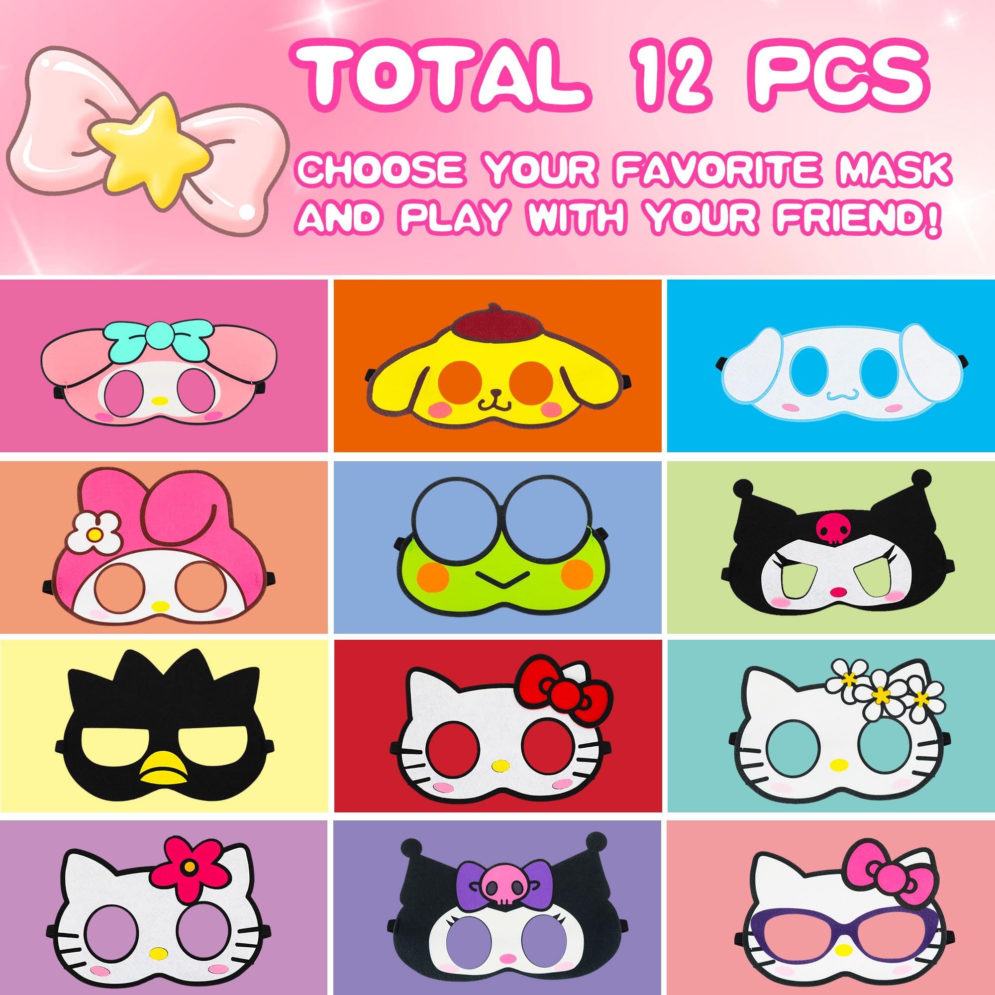 12 Pack Kitty Felt Masks for Kids - Cute Cartoon Themed Birthday Party Supplies, Halloween Costumes, Dress Up Photo Booth Props, Masquerade Cosplay Accessories - Perfect for Birthday Parties, Halloween, Dress Up Play & Photo Booths
