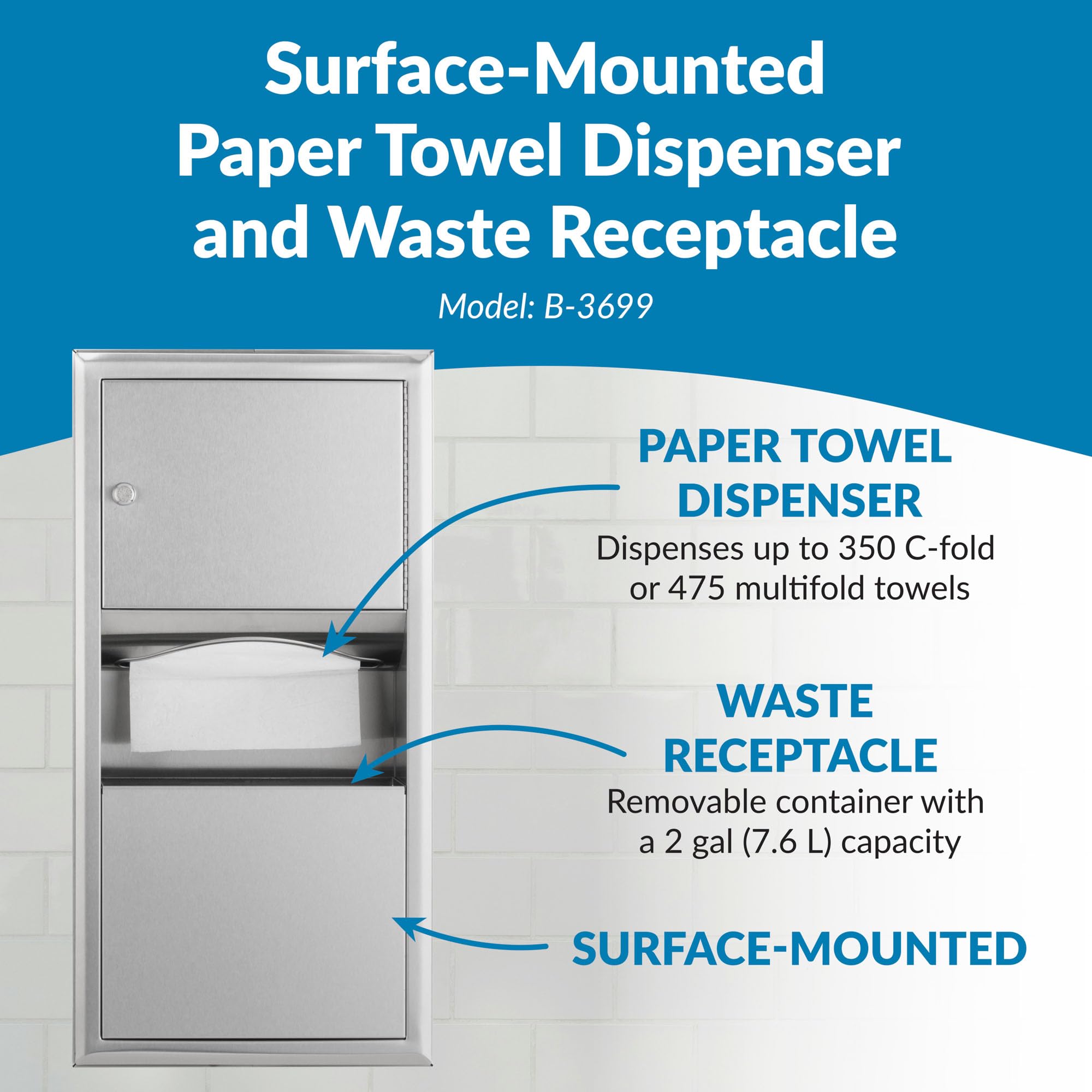 Bobrick 3699 ClassicSeries Stainless Steel Paper Towel Dispenser with Waste Receptacle - 2 Gallon Capacity, Satin Finish, 14.25