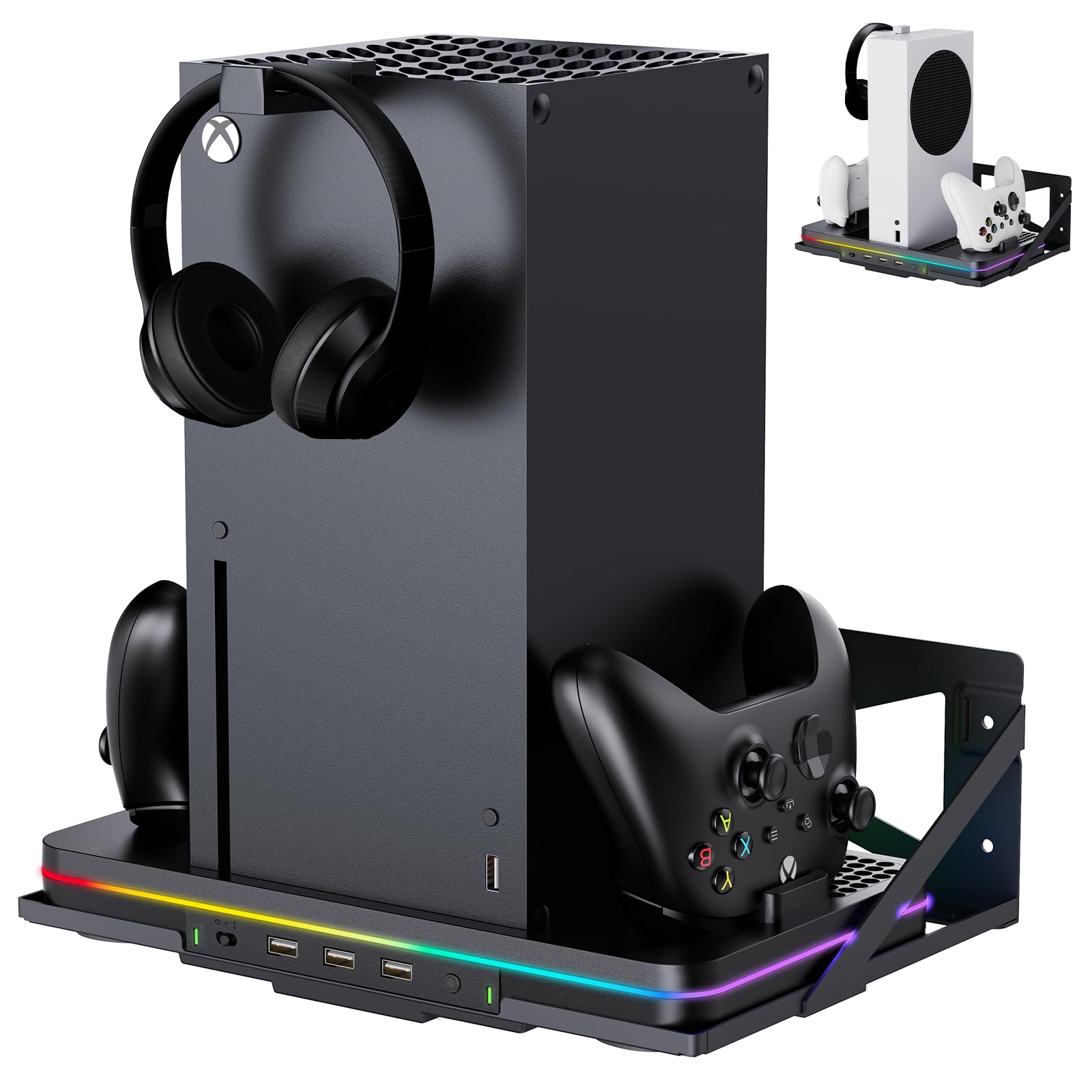 Luckit Vertical Wall Mount & Cooling Charging Stand for Xbox Series X/S - Dual Controller Charger Station with Cooling Fan, 3 USB Ports & 2 Headset Stand - Perfect for Gaming Setup & Console Organization