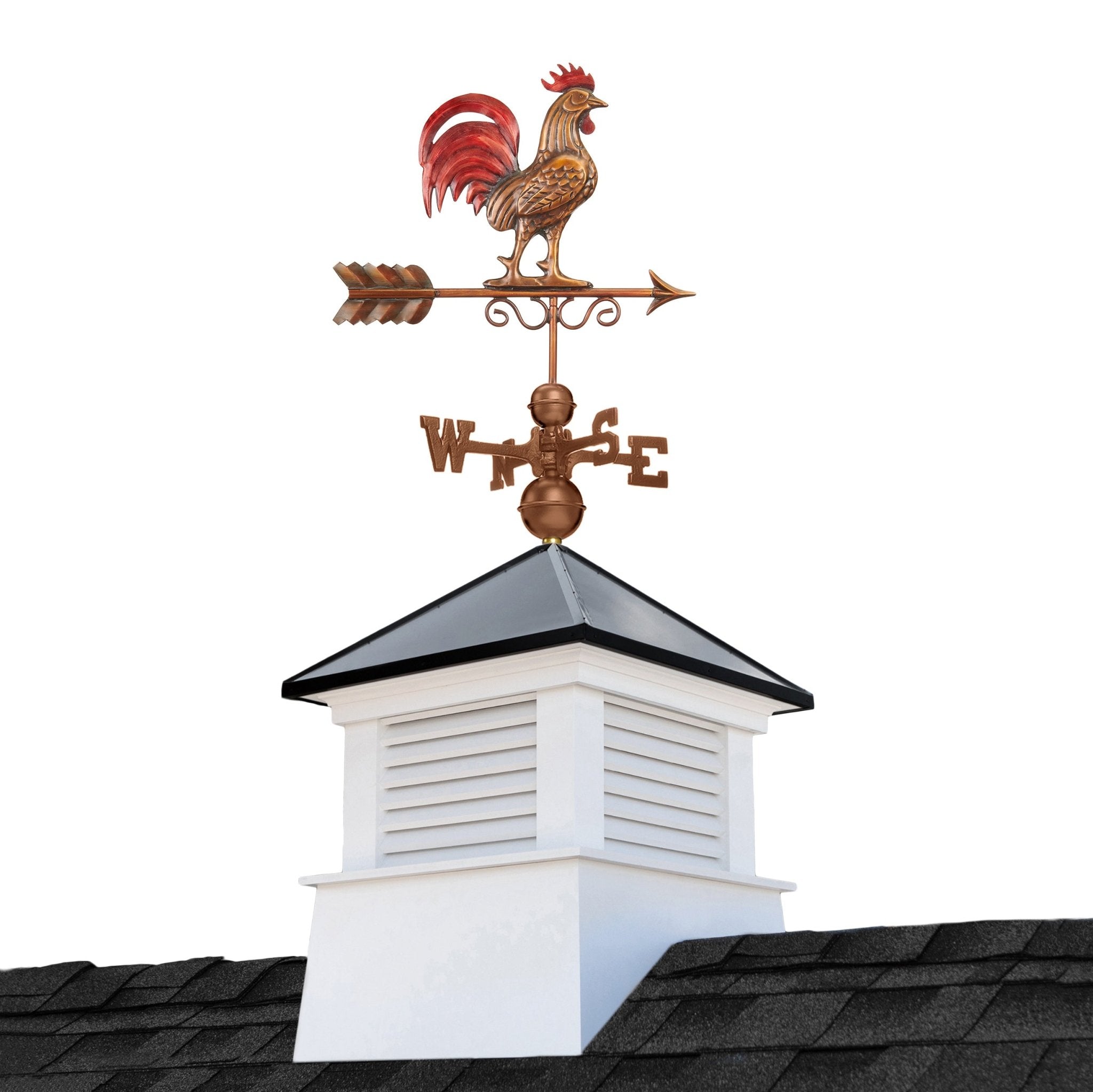 18 Square Manchester Vinyl Cupola with Black Aluminum Roof & Copper Bantam Red Rooster Weathervane - Perfect for Barn, Shed, or Garage Roof Decoration