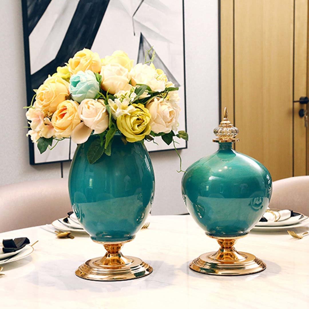 2X 40cm Ceramic Oval Flower Vase with Gold Metal Base - Modern Home Decor for Living Room, Dining Table, Wedding Centerpiece (Green)