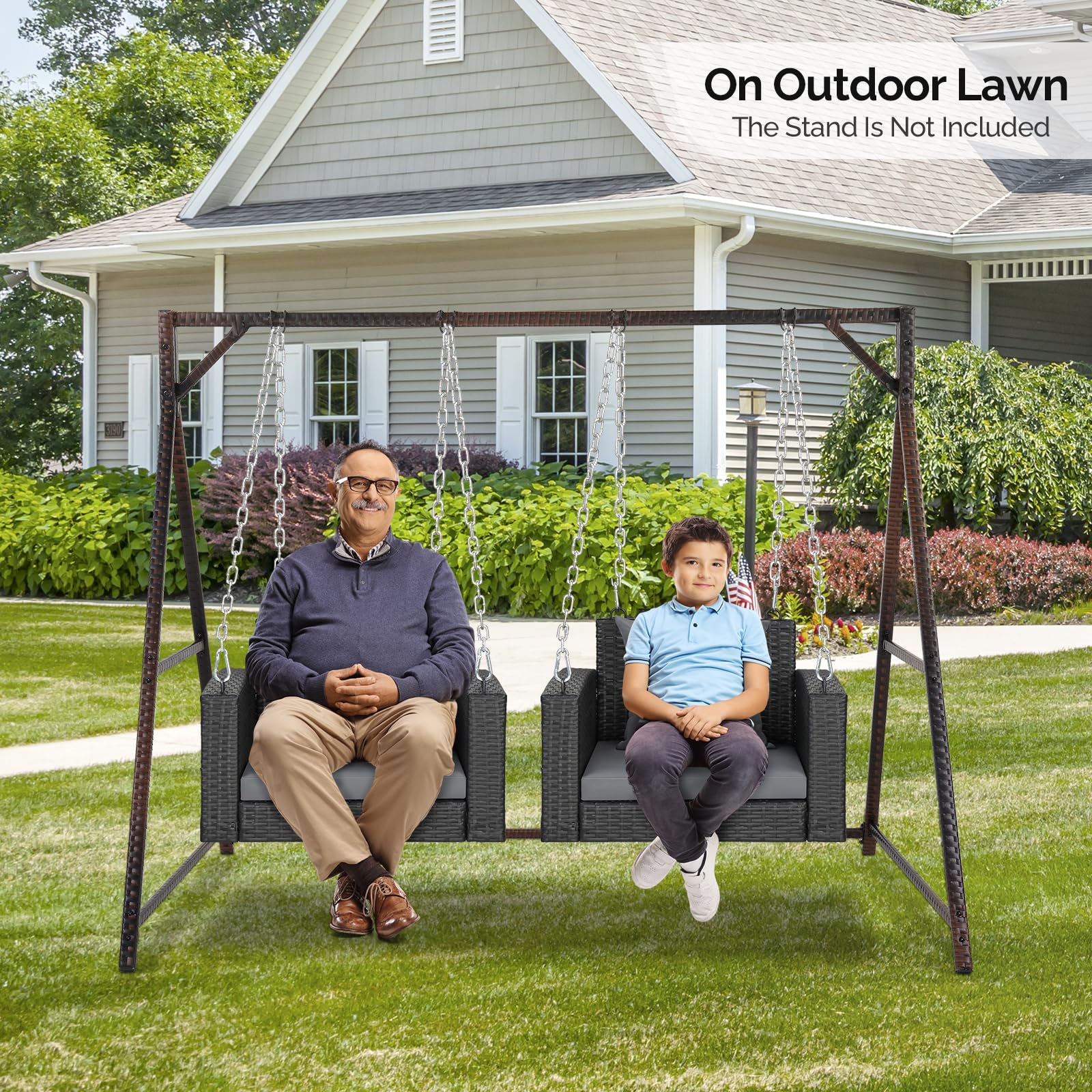 VINGLI 2.2 FT Outdoor Rattan Swing Chair with Cushions - 440 LB Weight Capacity, Adjustable Chains - Patio Wicker Bench for Garden, Yard, Lawn, Tree - Perfect for Relaxing on Porch, Backyard or Under Shade Trees (Black)