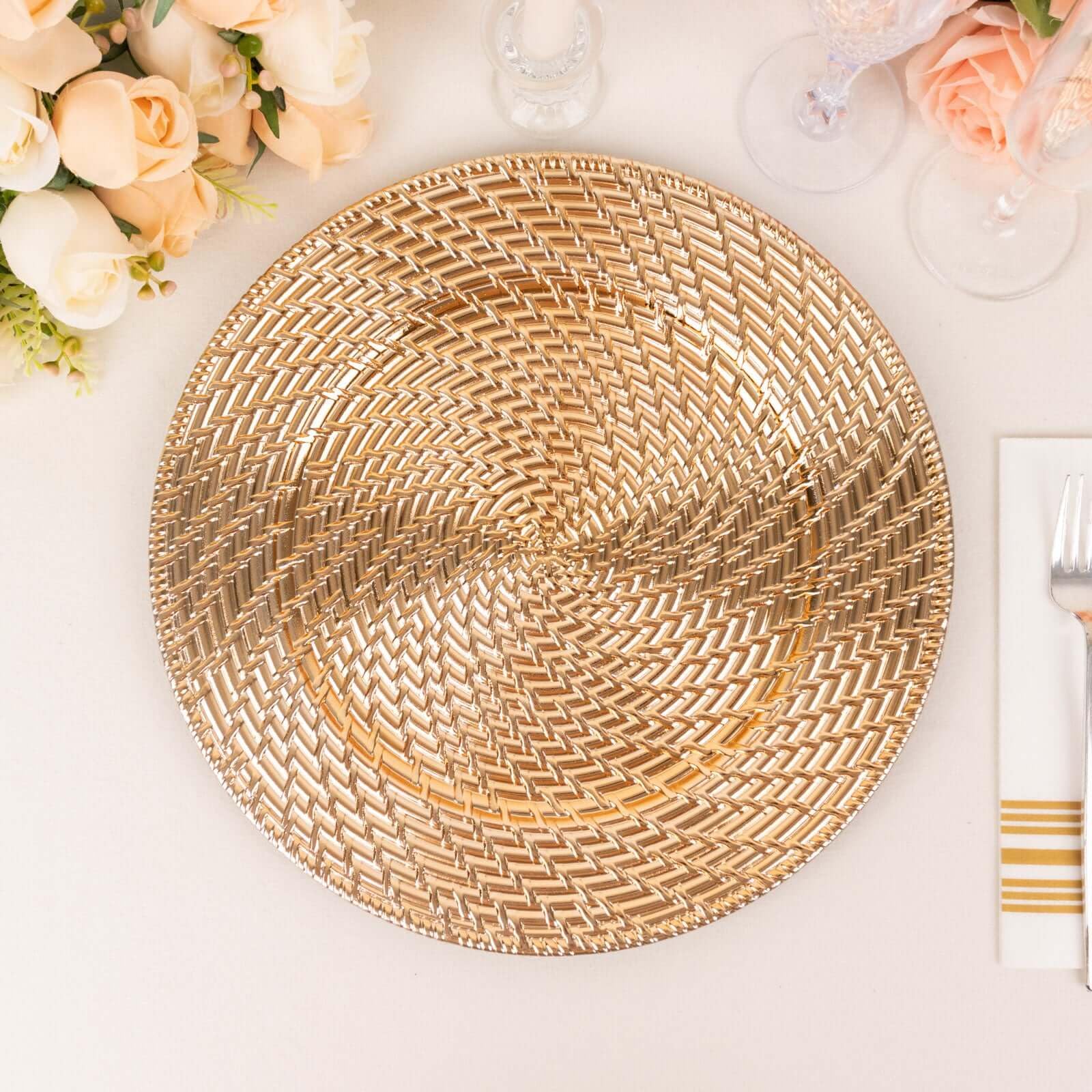 Efavormart 6 Pack Metallic Gold Swirl Rattan Acrylic Charger Plates - 13