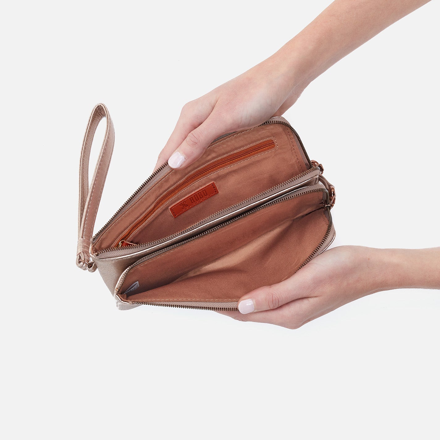 Dayton Wristlet in Pink Gold Metallic Leather - Stylish Women's Wallet for Everyday Use, Parties & Shopping