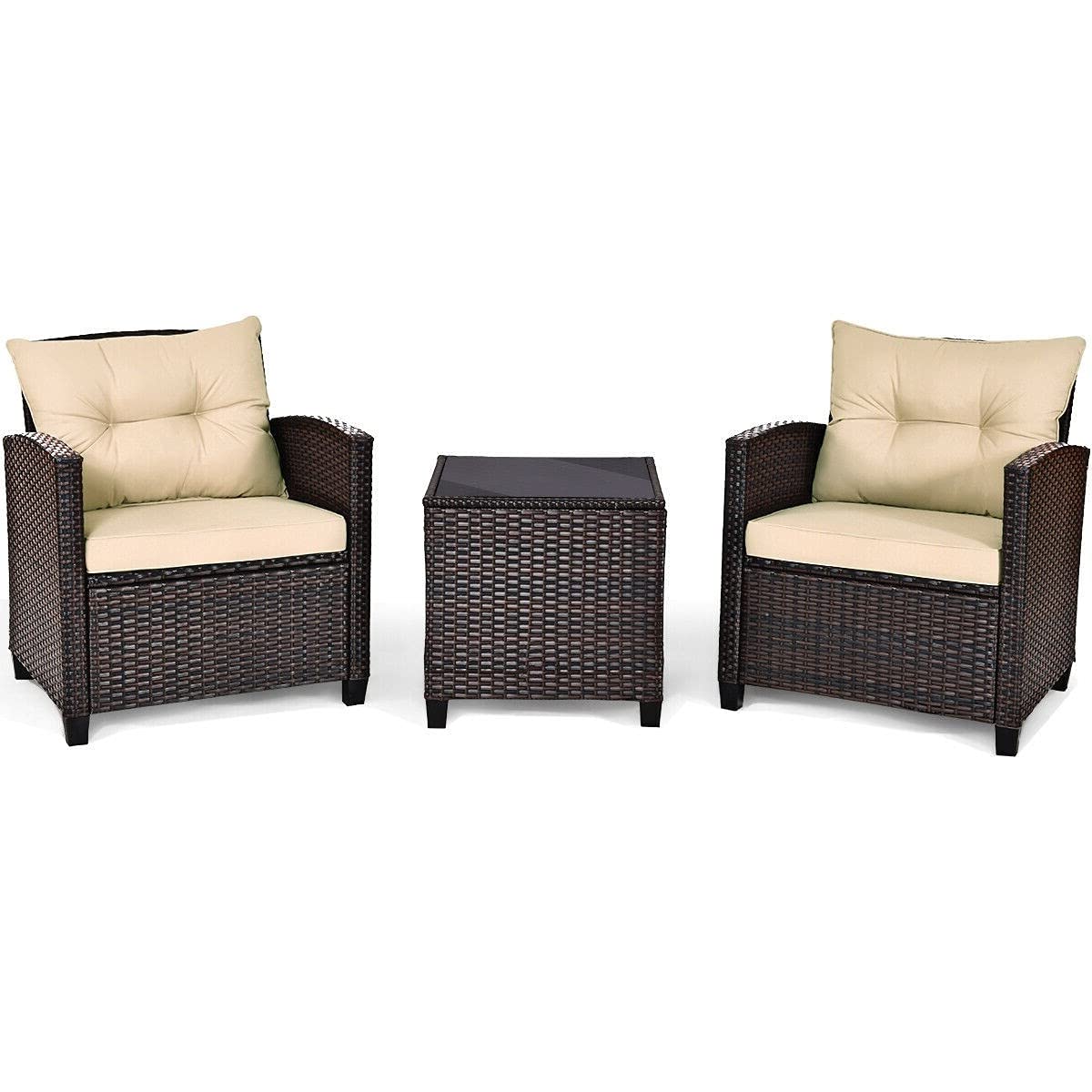 Beige 3-Piece Outdoor Patio Furniture Set with 2 Rattan Chairs & 1 Tempered Glass Coffee Table - Soft Cushions Included - Perfect for Backyard, Deck, Balcony, Poolside & Outdoor Living Spaces