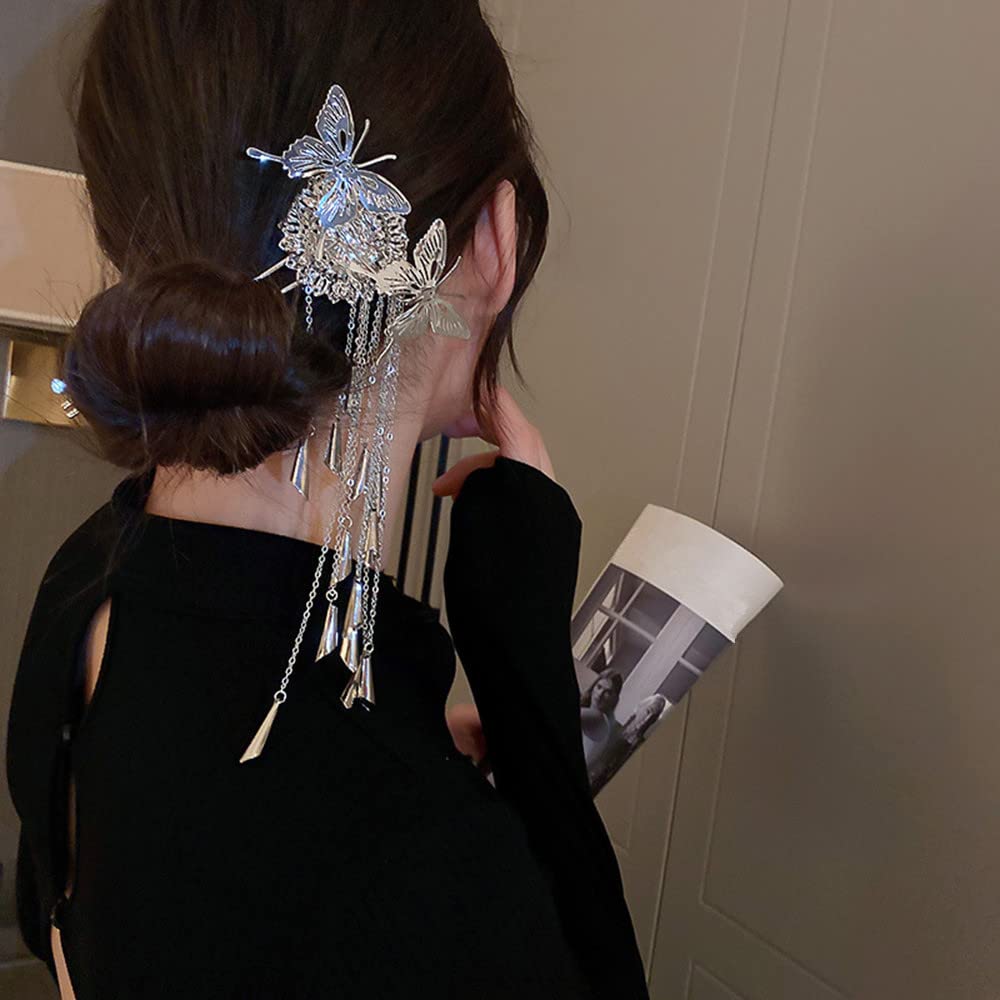 Butterfly Hair Stick with Silver Tassel - Chinese Hairpin for Women & Girls - Wedding & Party Accessory