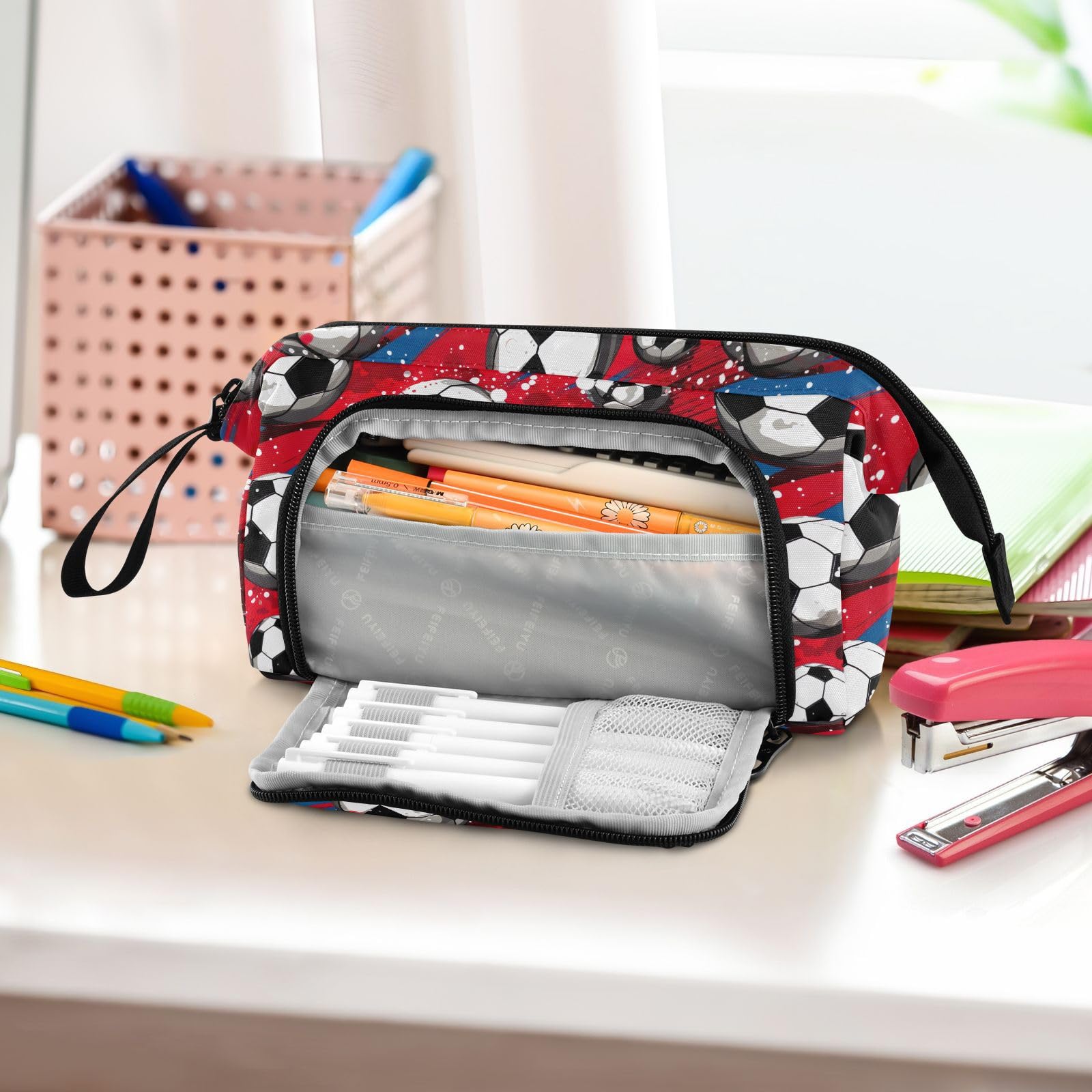 Premium Red Soccer Ball Design Large Capacity Pencil Case - Multi-Compartment Portable Pen Pouch Organizer for School, Office & Travel | Aesthetic Stationery Storage for Students, Teens & Adults (Boys & Girls)