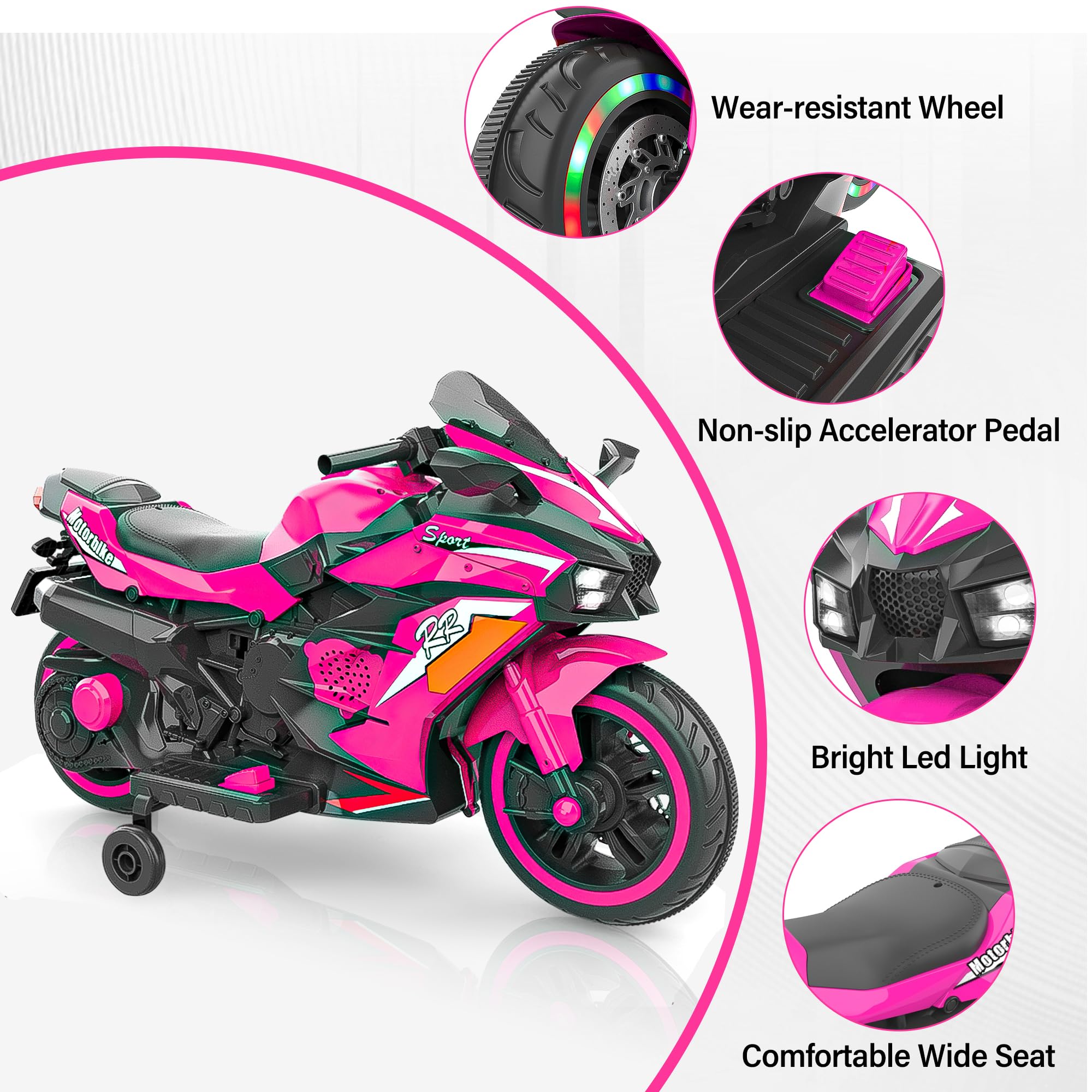 12V Kids Electric Ride On Motorcycle - 2 Wheels Battery Powered Toy Bike for Boys & Girls Ages 3-6 | LED Light-Up Tires, PU Seat & Racing Handlebars | Birthday Gift for Toddlers | Perfect for Indoor Play & Backyard Fun (Pink)