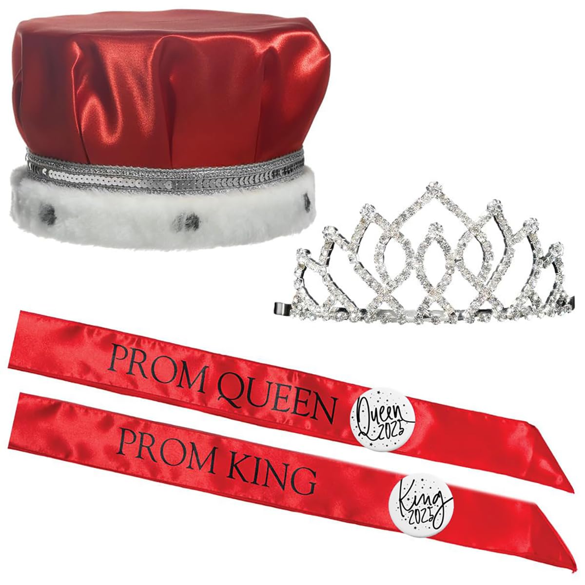 Prom Royalty Set - Sparkling Rhinestone Tiara & King Crown with Sashes & Buttons | Perfect for Prom Night, Homecoming, Pageants & Royal-Themed Parties