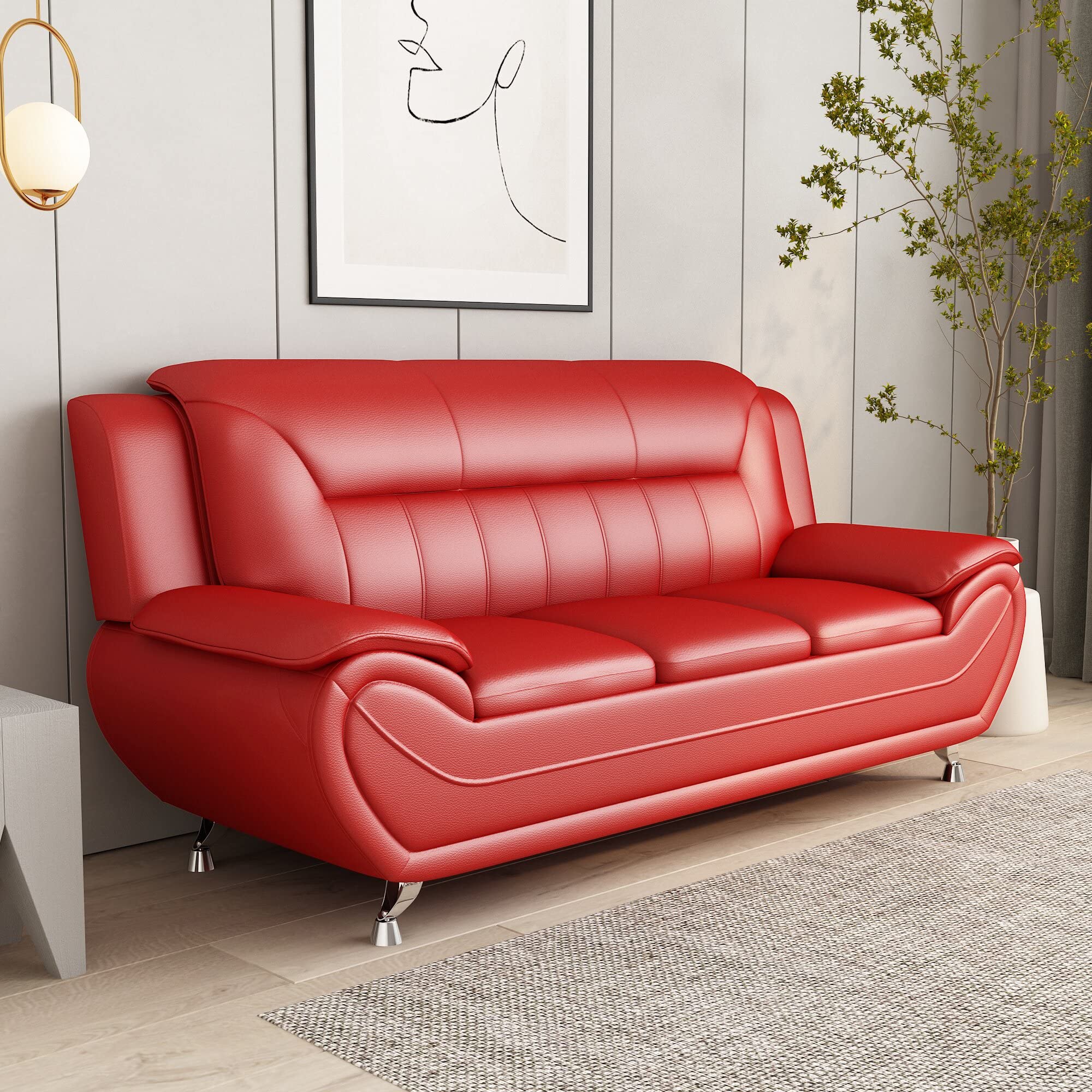 Michael Modern Faux Leather Upholstered Stainless Steel Legs Living Room Chair, Loveseat & Sofa Set in White Dove - Perfect for Contemporary Living Rooms, Offices and Lounge Areas