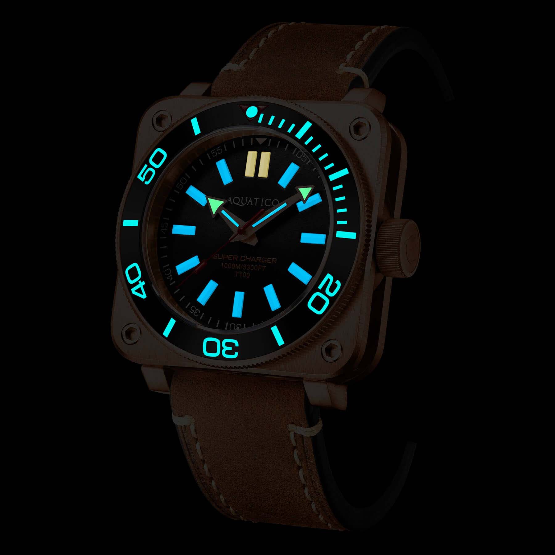 Aquatico Super Charger Bronze Green Ceramic Bezel SW200 Automatic Diver Watch - Perfect for Scuba Diving, Water Sports & Luxury Fashion Accessories