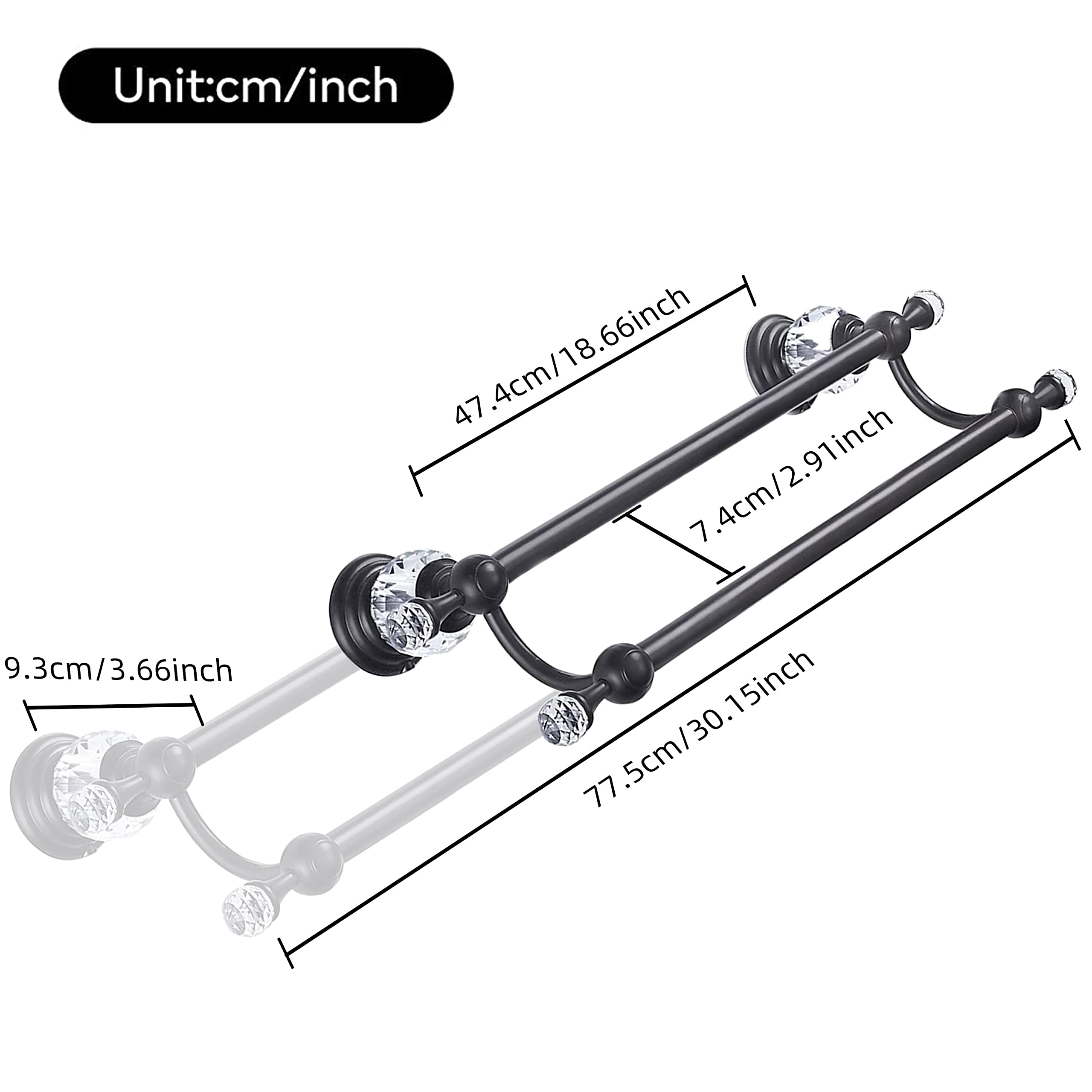 WINCASE Adjustable Double Matte Black Towel Rack - Wall Mounted Bathroom Towel Holder & Hanger for Showers, Baths & Spa Decor (Crystal Design)