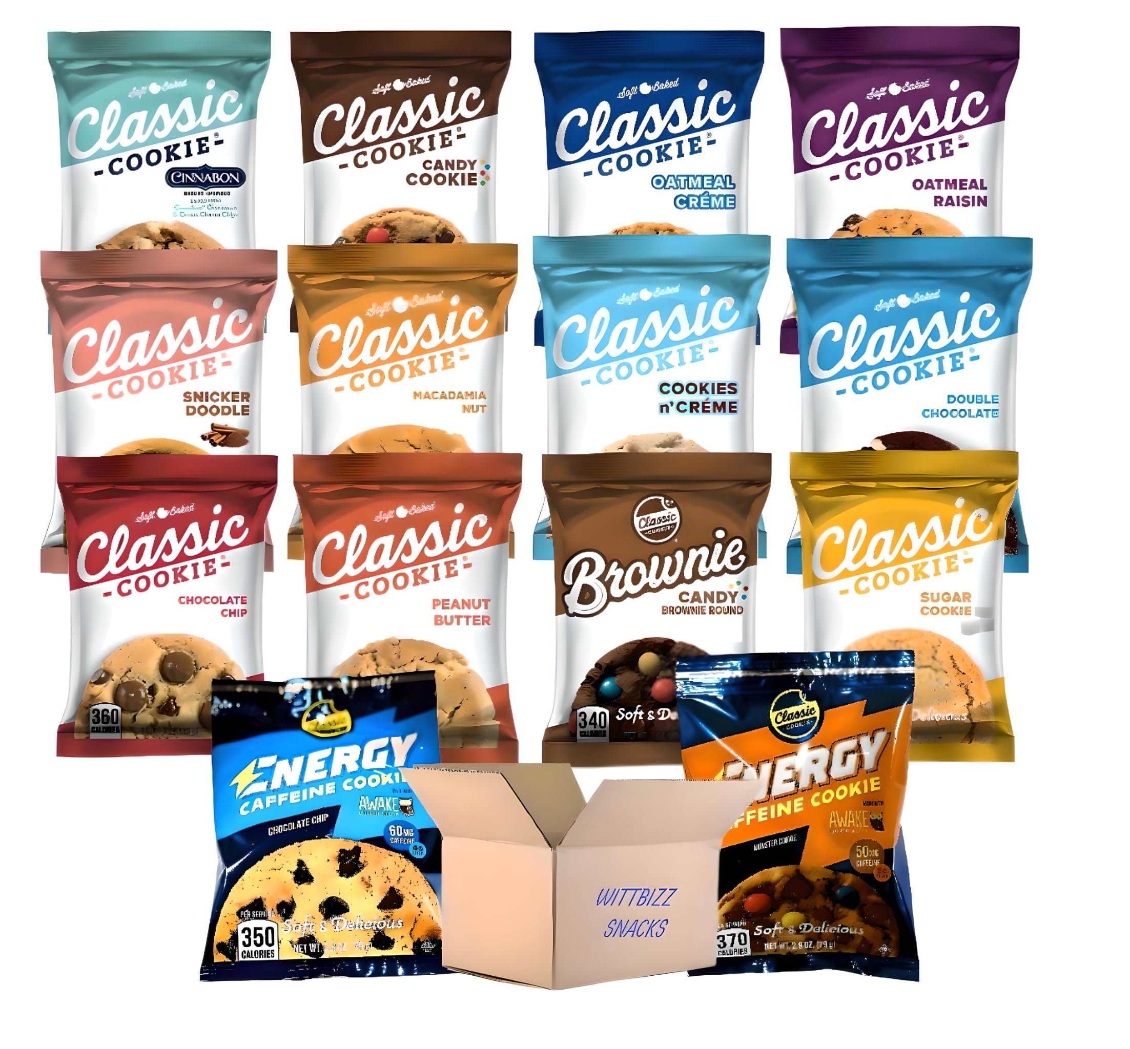 Wittbizz Snacks Bundles Classic Cookies Soft Baked 3oz Variety Pack (42 Count) - Assorted 14 Flavors | Perfect for Office Snacks, Party Treats & Gift Baskets