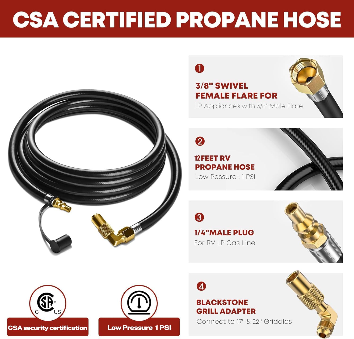 12FT RV Propane Quick Connect Hose with Blackstone Adapter - Heavy Duty Propane Gas Hose for Blackstone 22