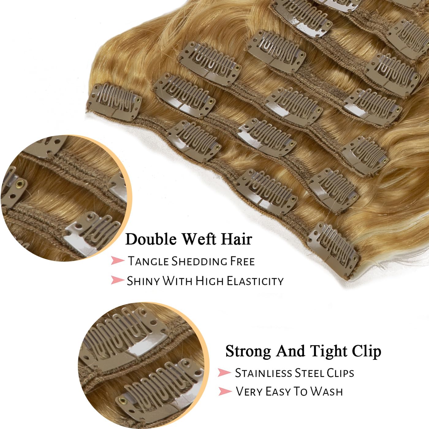 18-Inch Honey Blonde Human Hair Extensions - Curly Clip-In Remy Hair with Natural Waves | Double Weft 120g Thick Hair Extensions for Women (7-Piece Set #27) | Perfect for Parties, Weddings & Daily Styling