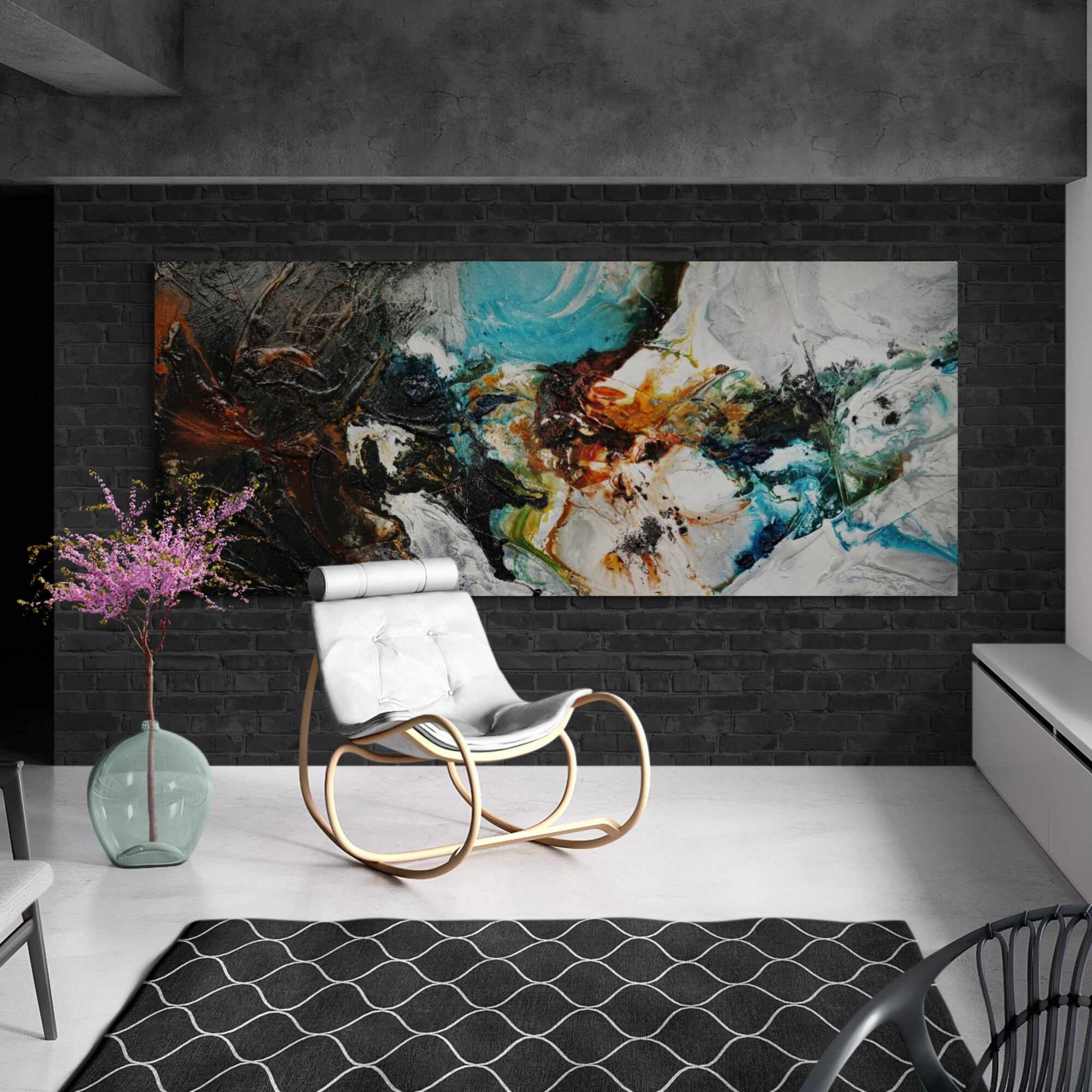 240cm x 100cm Black White Teal Textured Abstract Canvas Wall Art - Modern Natural Potion Painting for Living Room, Bedroom & Office Decor