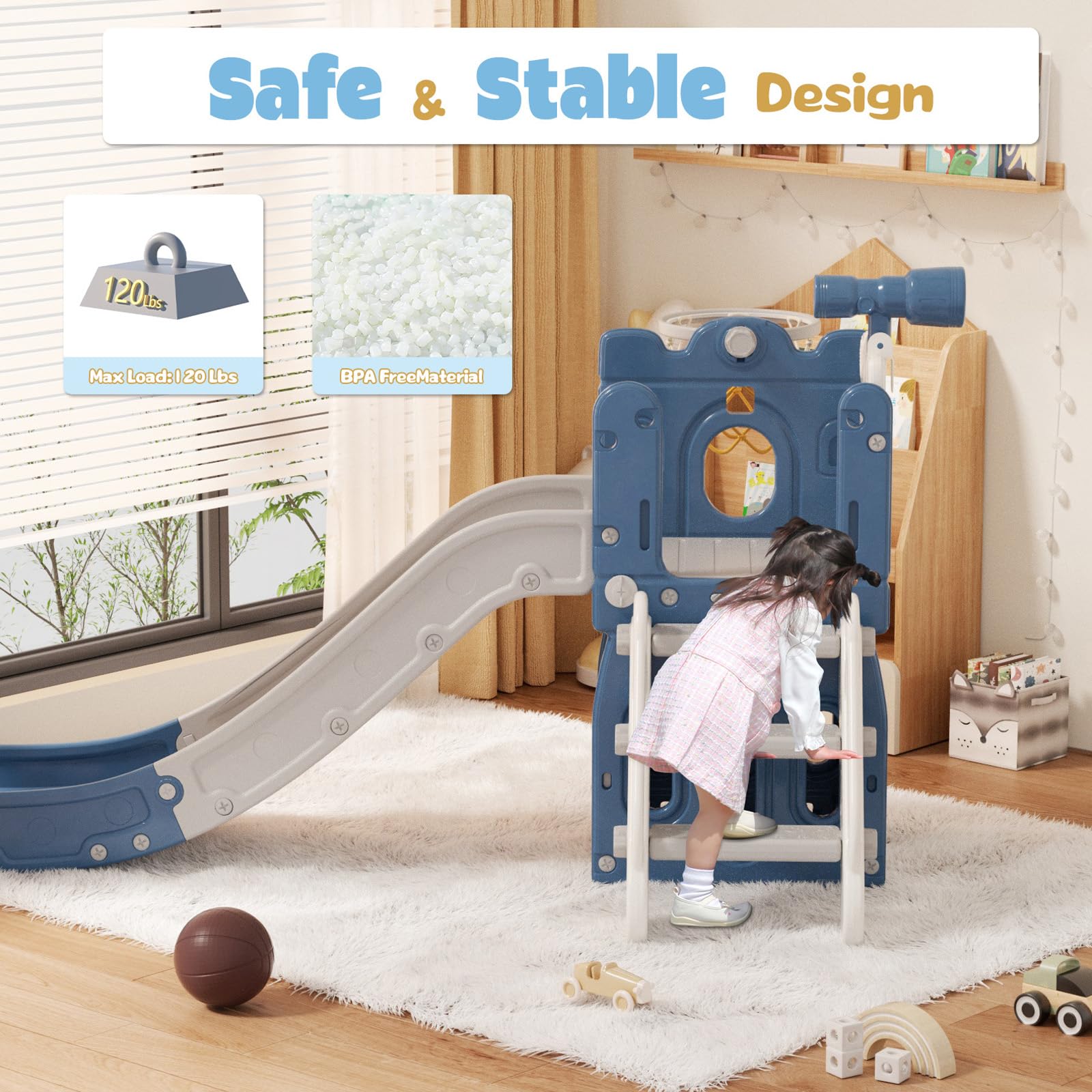 YUFU 6-in-1 Toddler Slide & Climber Set with Basketball Hoop - Indoor/Outdoor Playset for Kids Ages 1-3 Years (Blue Gray) - Perfect for Backyard, Playroom & Preschool Activities