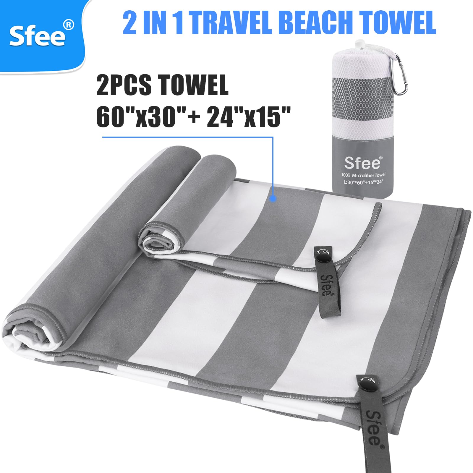 Sfee 2 in 1 Microfiber Beach Towel - Quick Dry, Super Absorbent & Lightweight Camping Travel Towel for Gym, Hiking, Pool, Yoga | Perfect for Outdoor Adventures, Sports & Travel Accessories
