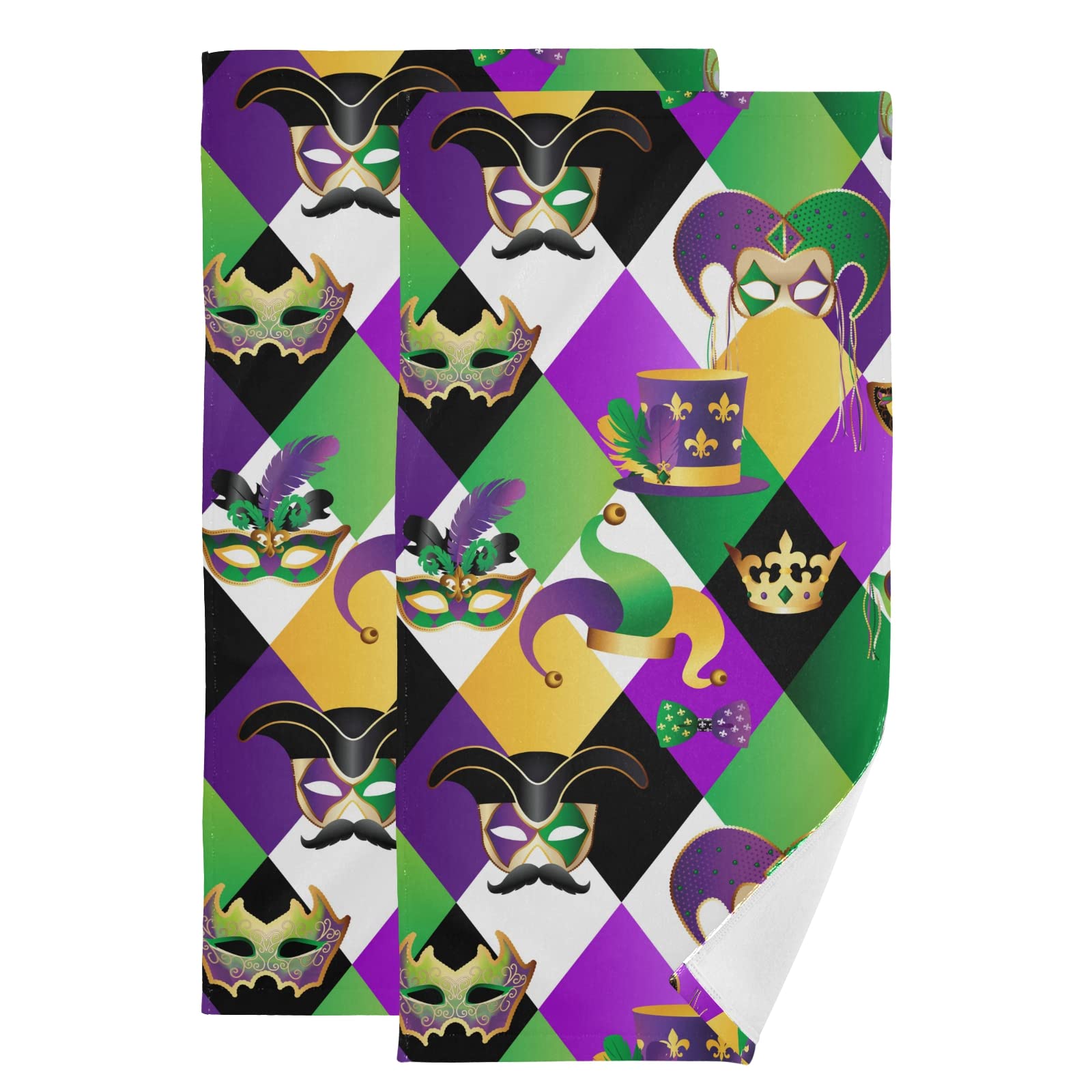 Golden Carnival Masks & Mardi Gras Hand Towels Set of 2 - 14x28 Inch Soft Bath & Face Towels for Guest, Kitchen, Tea & Dish - Perfect for Bathroom Decor, Parties & Themed Events