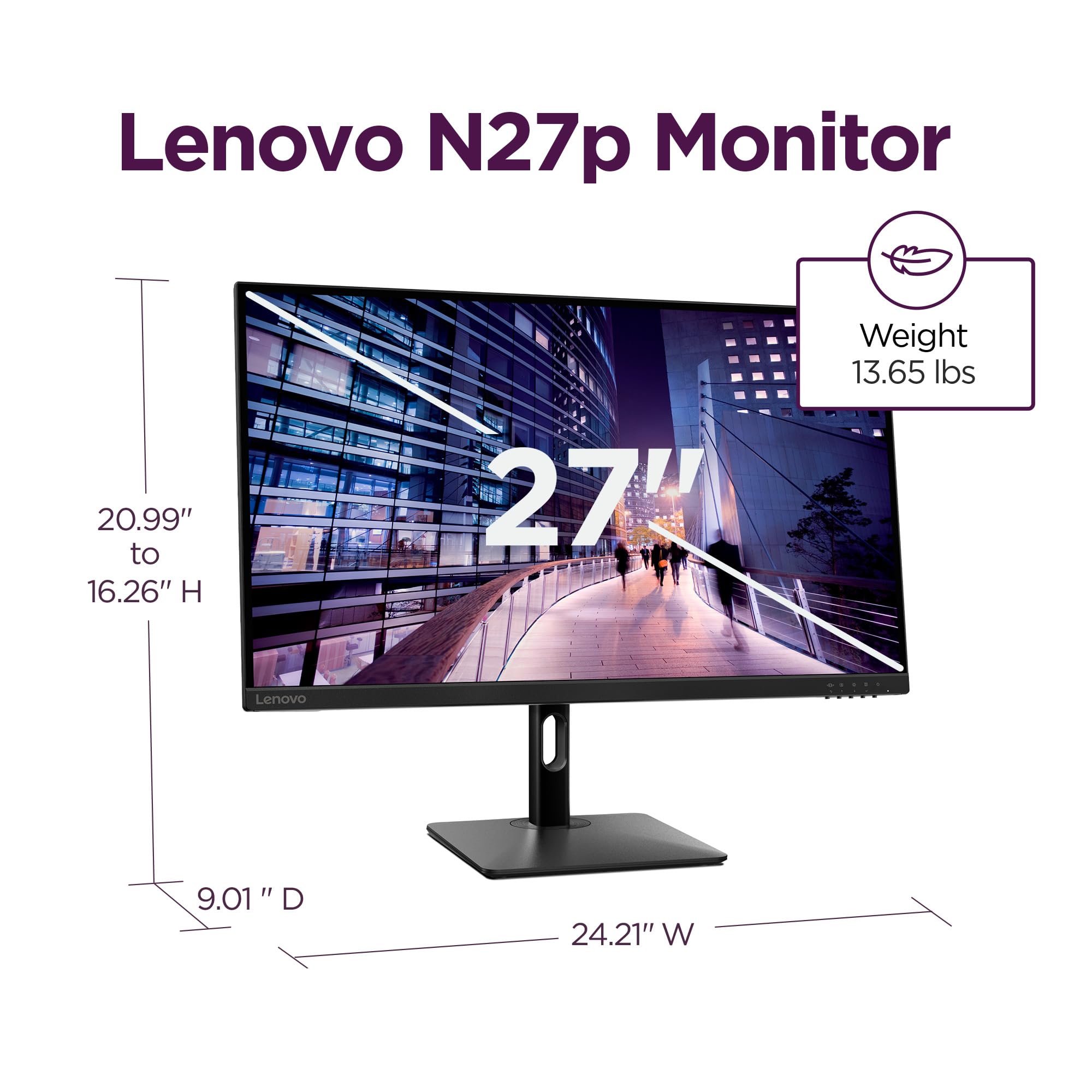 Lenovo N27p 27-inch 4K IPS Monitor with HDR400, 62Hz Refresh Rate, USB-C Port, TÜV Low Blue Light, Height Adjustable Stand & Near Edgeless Design - Perfect for Home Office, Gaming & Graphic Design