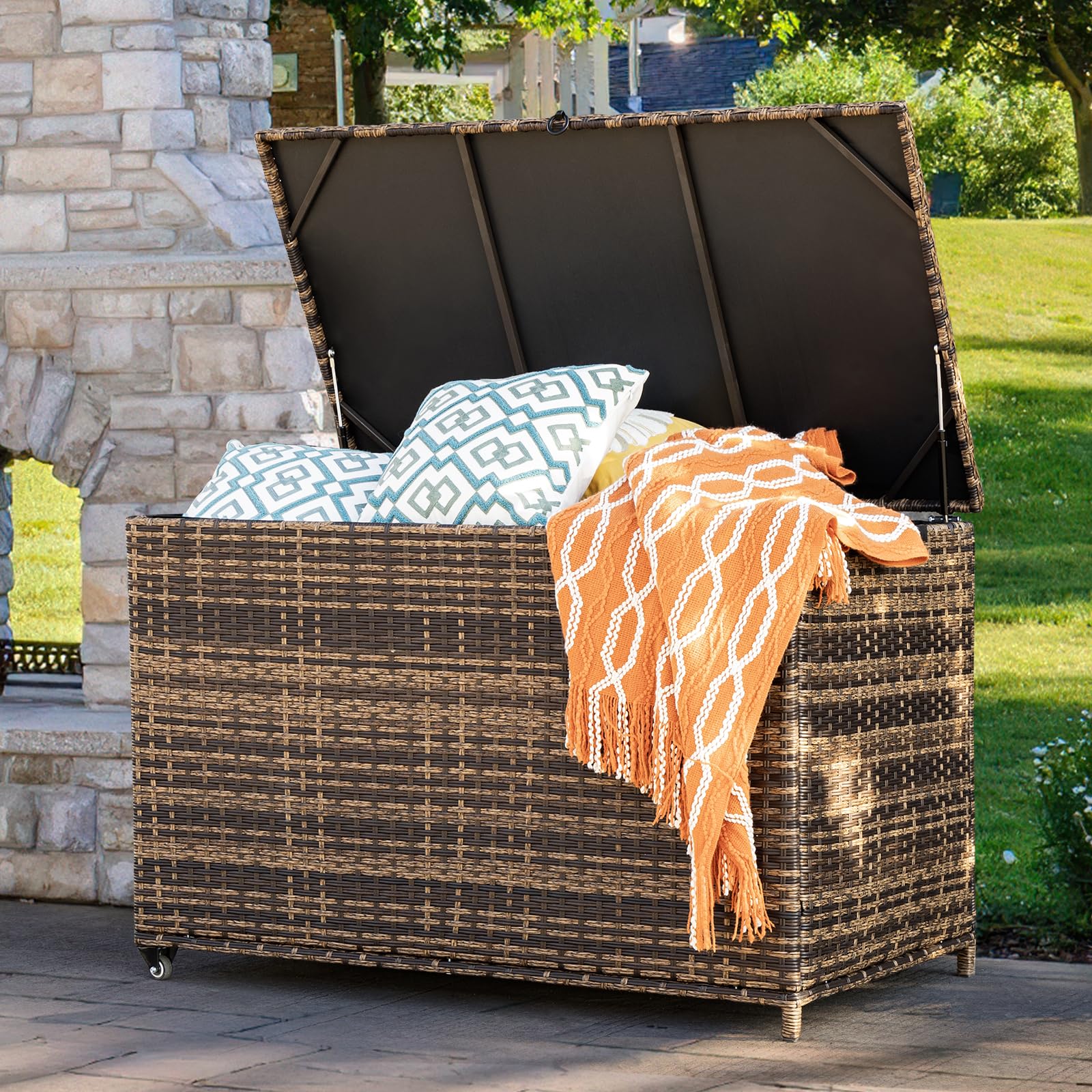 **178 Gallon Outdoor Storage Box with Wheels - Large Portable Wicker Rattan Deck Box for Patio Furniture Cushions, Throw Pillows, Garden Tools & Pool Floats - Weather-Resistant Brown Deck Box for Backyard, Garden & Poolside Storage**