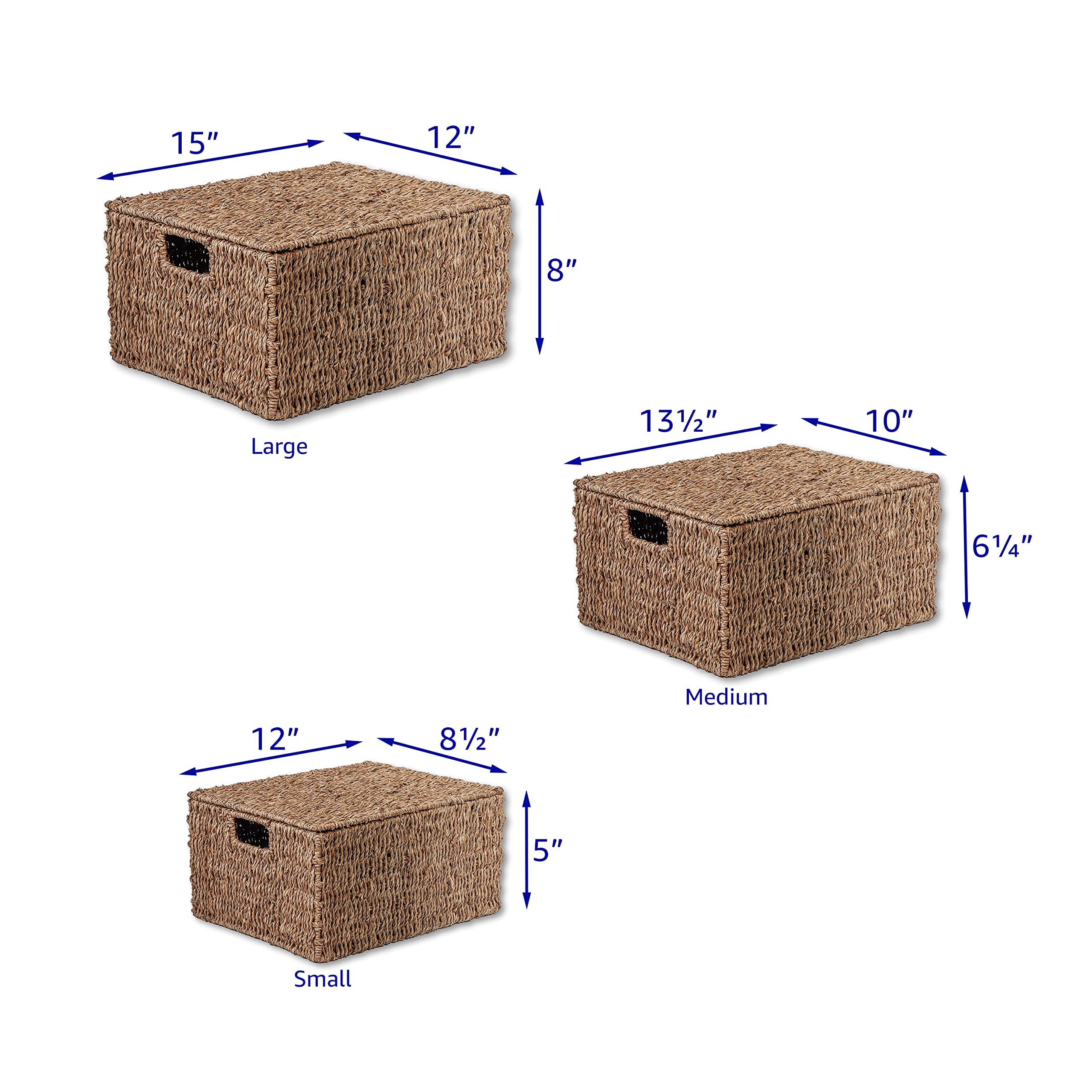 Natural Seagrass Baskets with Lids - Set of 3 for Home Storage