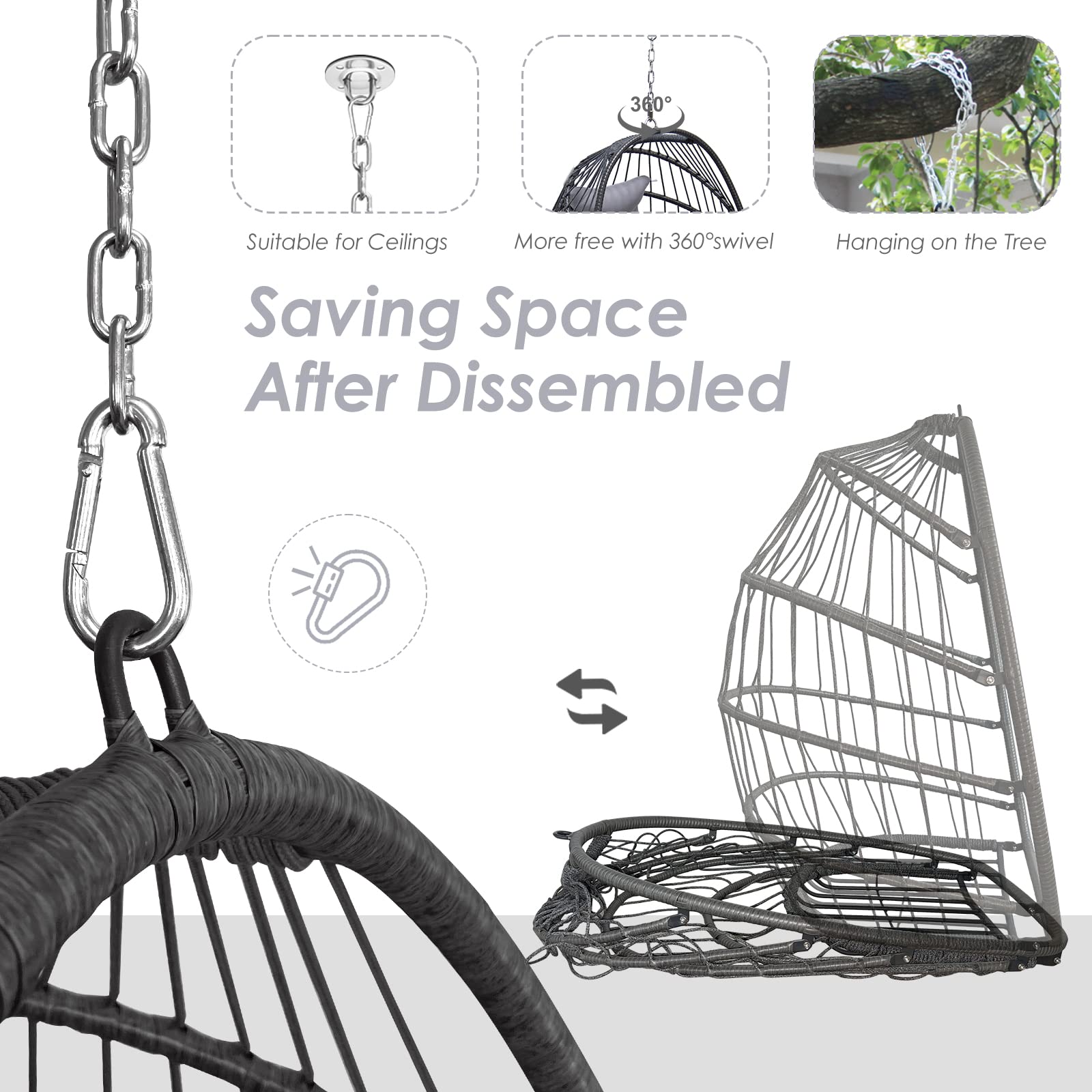 Foldable Hanging Egg Chair Without Stand - Rattan Swing Chair with Cushion & Pillow - Indoor/Outdoor Wicker Hammock Chair for Bedroom, Patio, Garden (Gray) - Perfect for Relaxing, Reading & Lounging