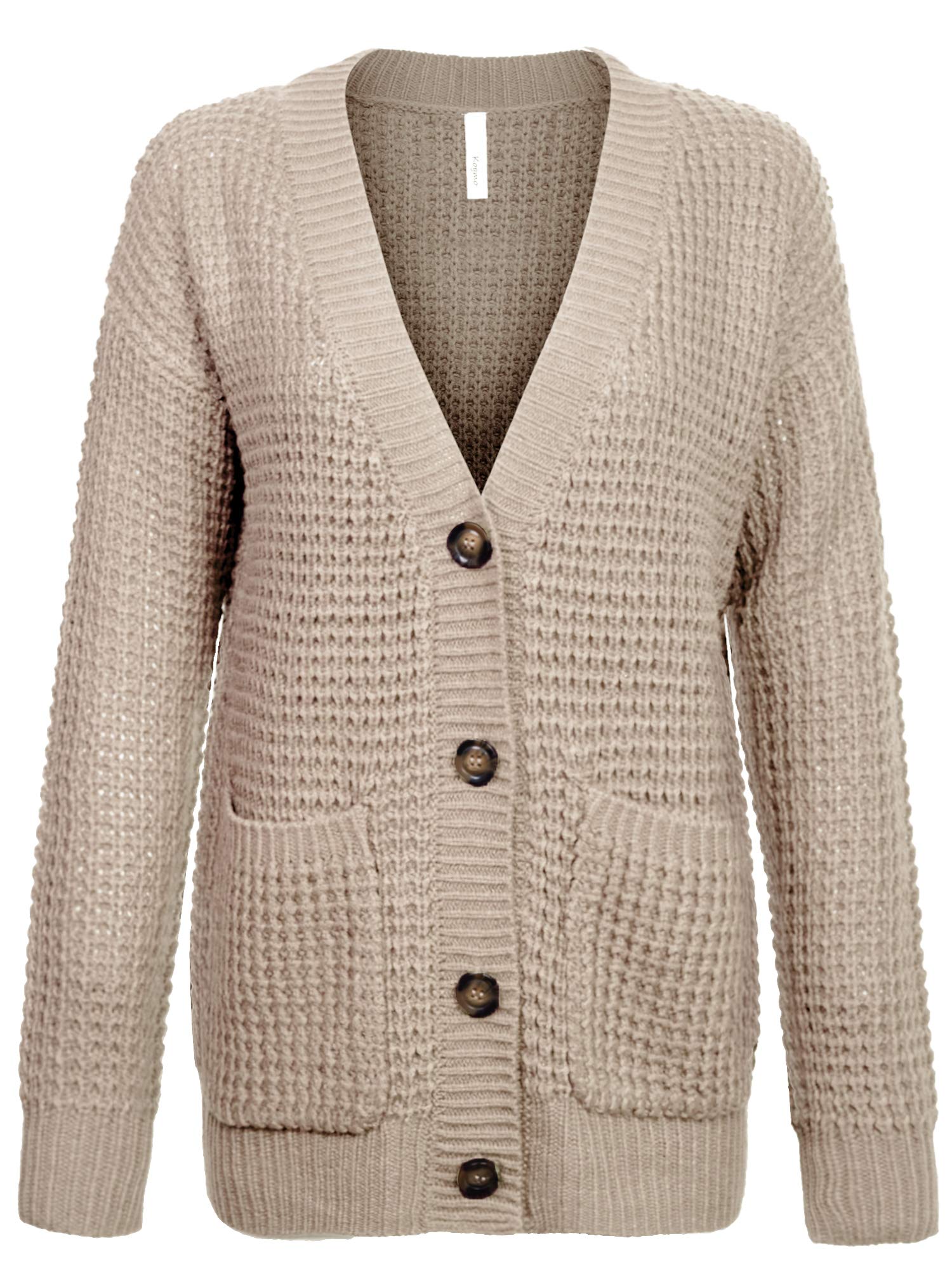 KOGMO Women's Waffle Knit Button Front Cardigan with Pockets - Cozy Fall Winter Sweater for Casual Outfits & Office Wear