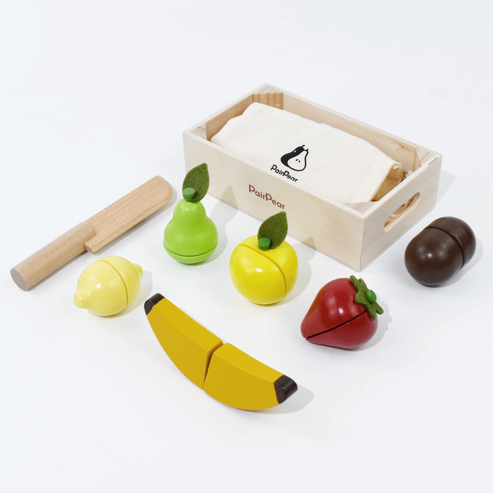 PairPear Wooden Play Food Cutting Fruit Set - Educational Wooden Toys for Toddlers, Pretend Play Kitchen Accessories for Kids - Perfect for Montessori Learning & Imaginative Play