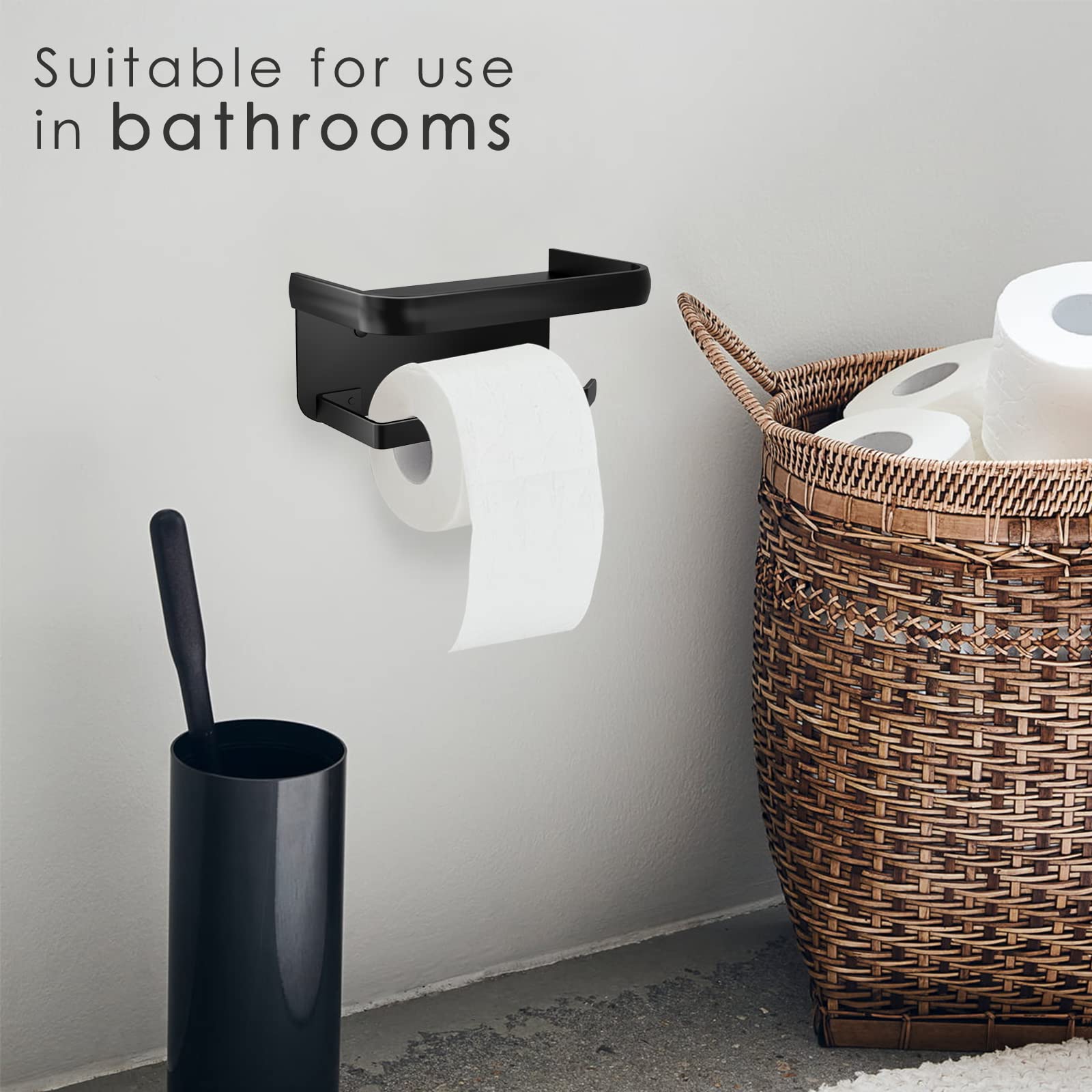 SVOPY Adhesive Toilet Paper Holder with Shelf - Stainless Steel 304, Black Wall-Mounted Bathroom Tissue Roll Holder with Screws for Secure Installation | Perfect for Small Bathrooms, Powder Rooms & RVs