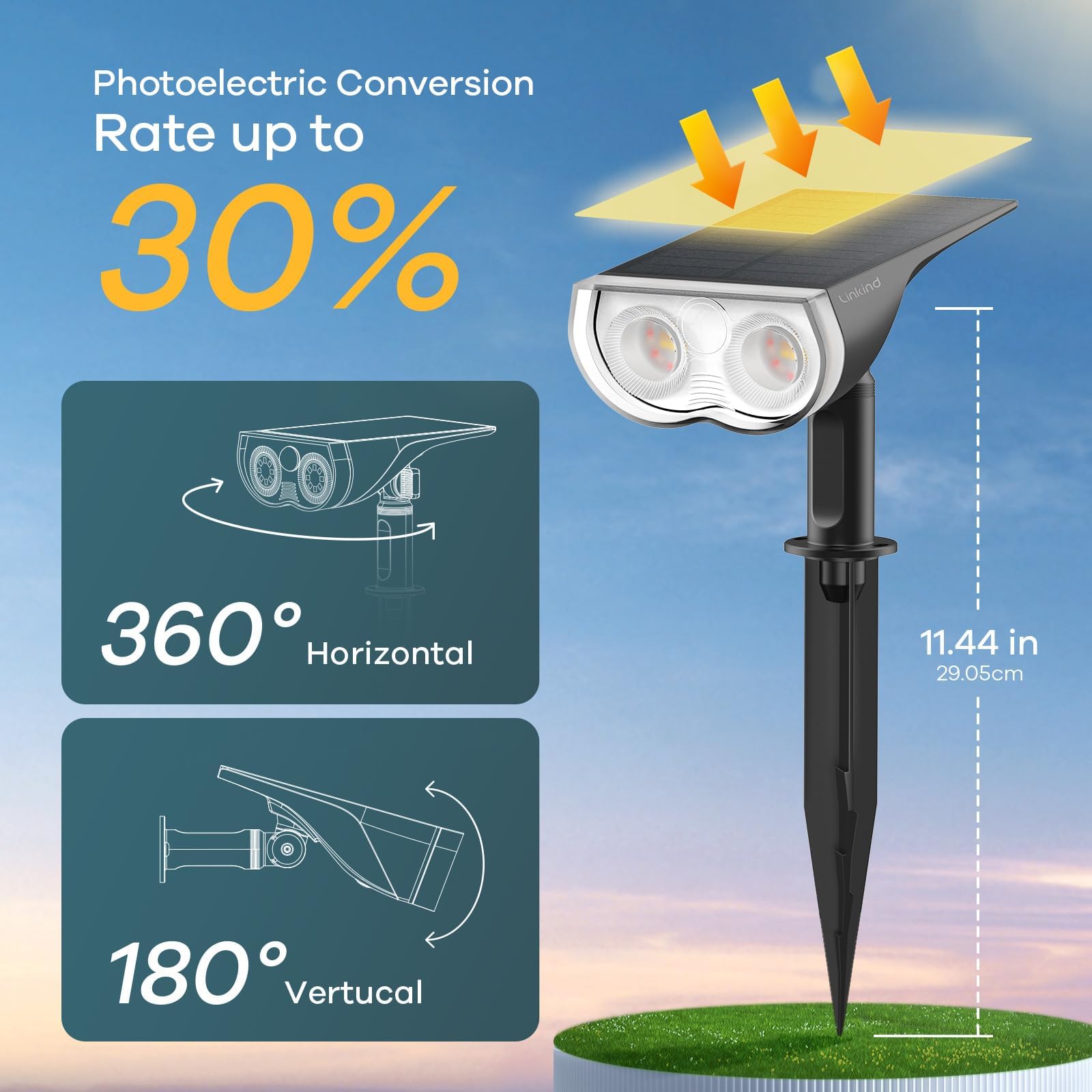 Linkind StarRay Solar Spot Lights Outdoor - IP67 Waterproof, 6500K Daylight Landscape Lighting for Garden & Yard (2 Pack) | Dusk-to-Dawn Auto On/Off | Perfect for Pathways, Trees & Architectural Accents
